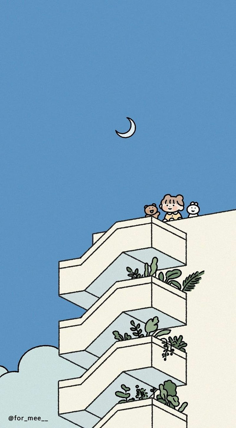 IPhone wallpaper of a cartoon mouse and a cat looking at the moon - Korean