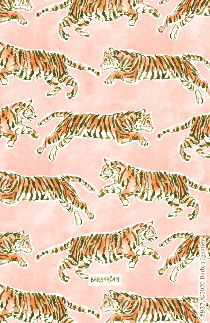 Pink tiger wallpaper design with orange and white tigers on a pink background - Tiger