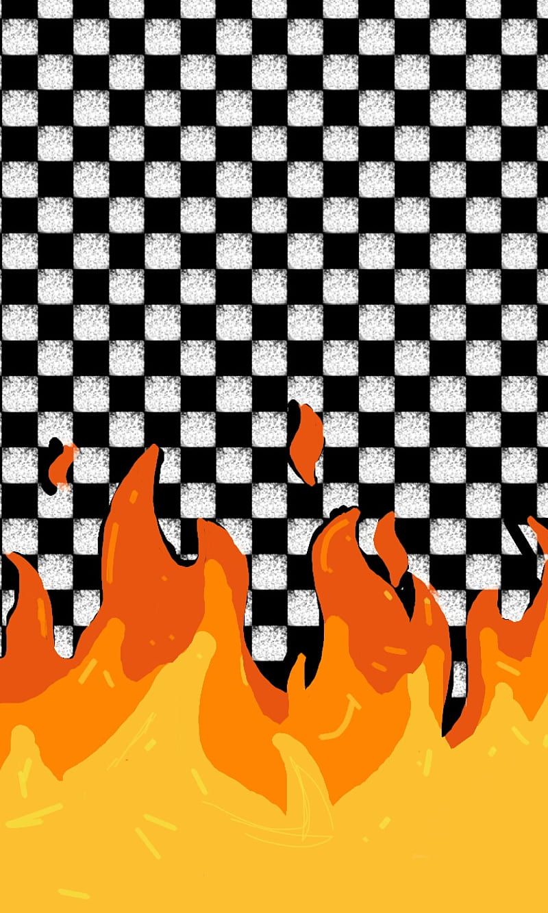 Aesthetic phone wallpaper of a black and white checkered pattern with flames - Flames