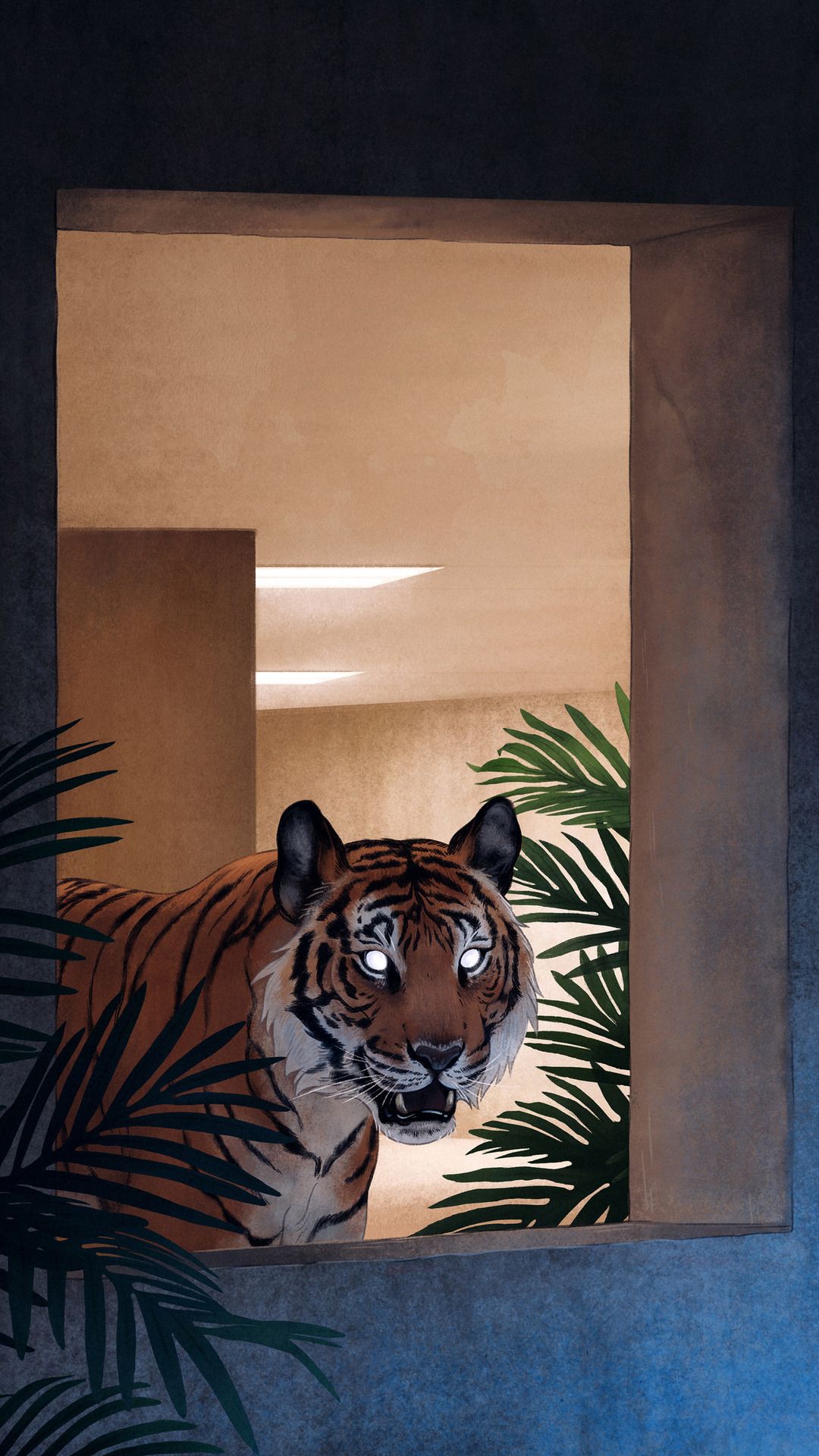 A tiger is looking out of an open window - Tiger