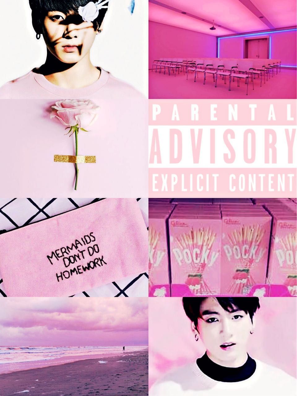 Pink aesthetic collage with the words parental advisory explicit content - Korean