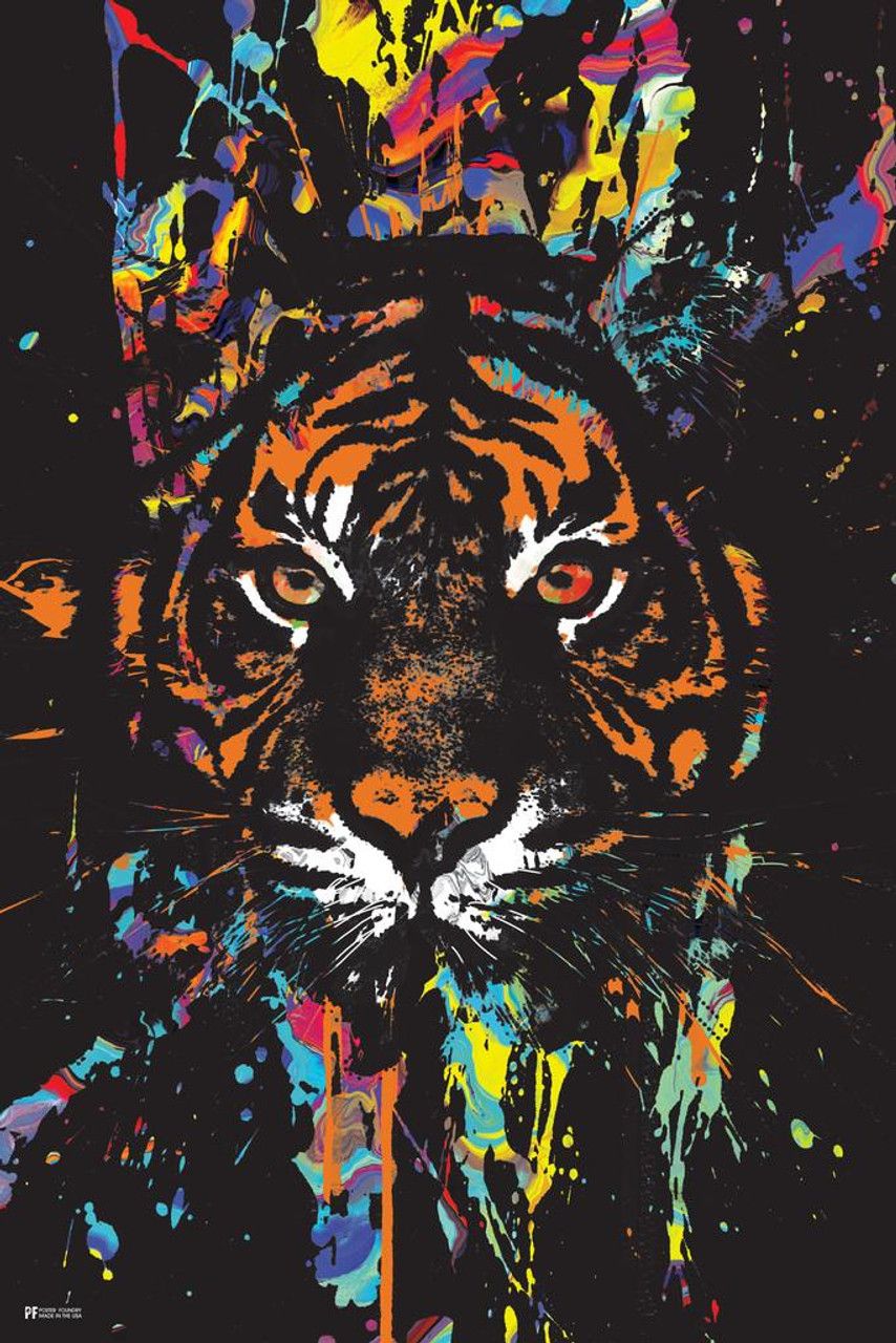 Tiger Face Paint Splatter Animal Jungle Retro Vintage Style Aesthetic Cool Psychedelic Trippy Hippie Decor UV Light Reactive Black Light Eco Blacklight Poster For Room 12x18