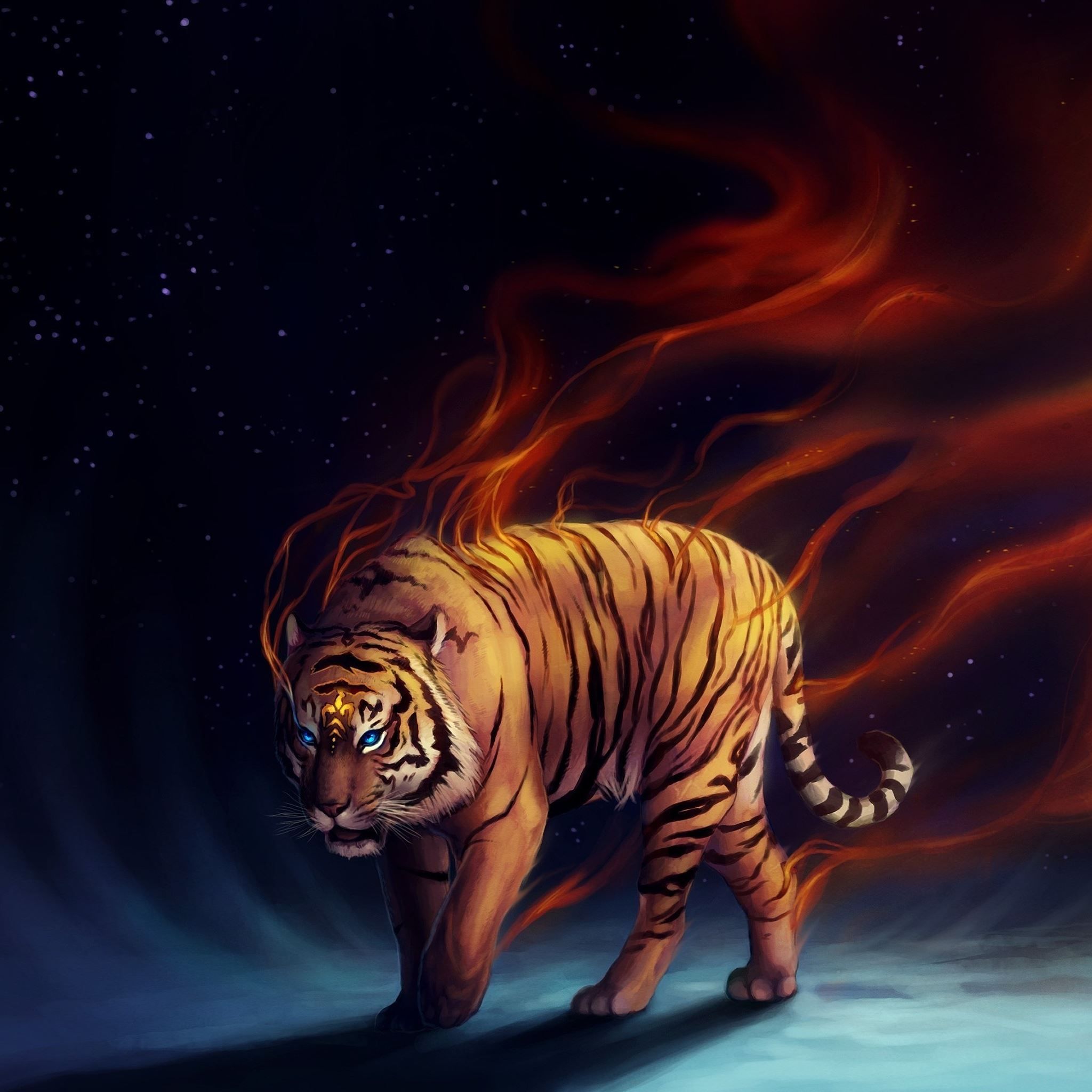 A tiger with blue eyes surrounded by orange flames - Tiger