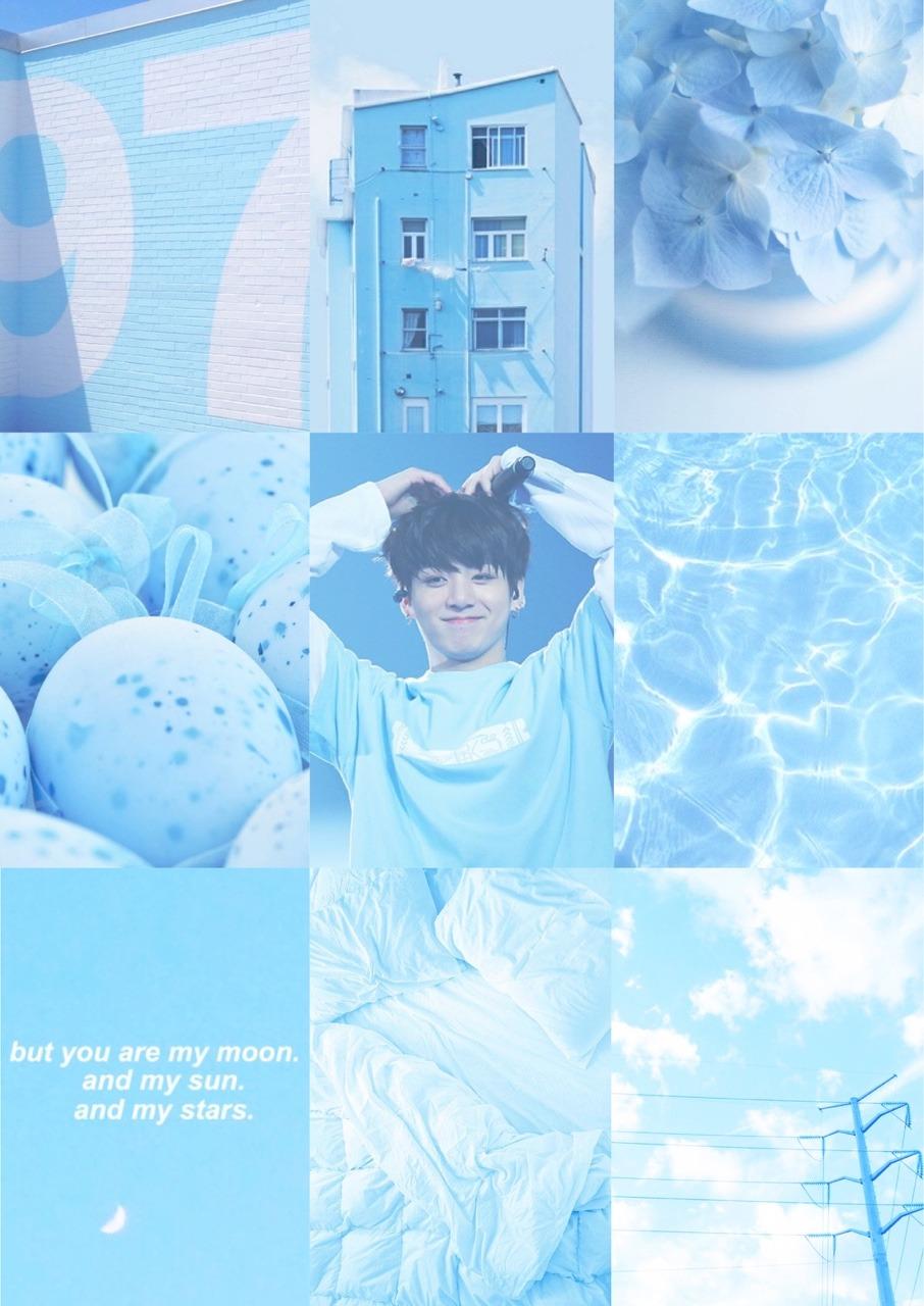 A blue aesthetic with a picture of taehyung from bts - Korean