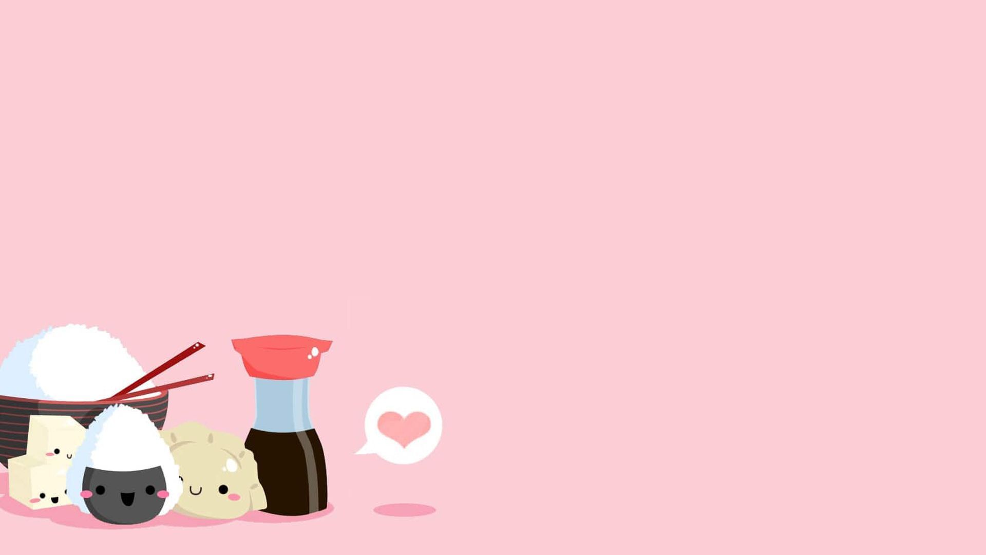 A cartoon of sushi and other items on pink background - Korean