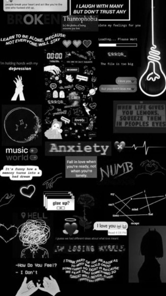 Black and white aesthetic wallpaper with quotes and sayings about anxiety, depression, and love. - Depression
