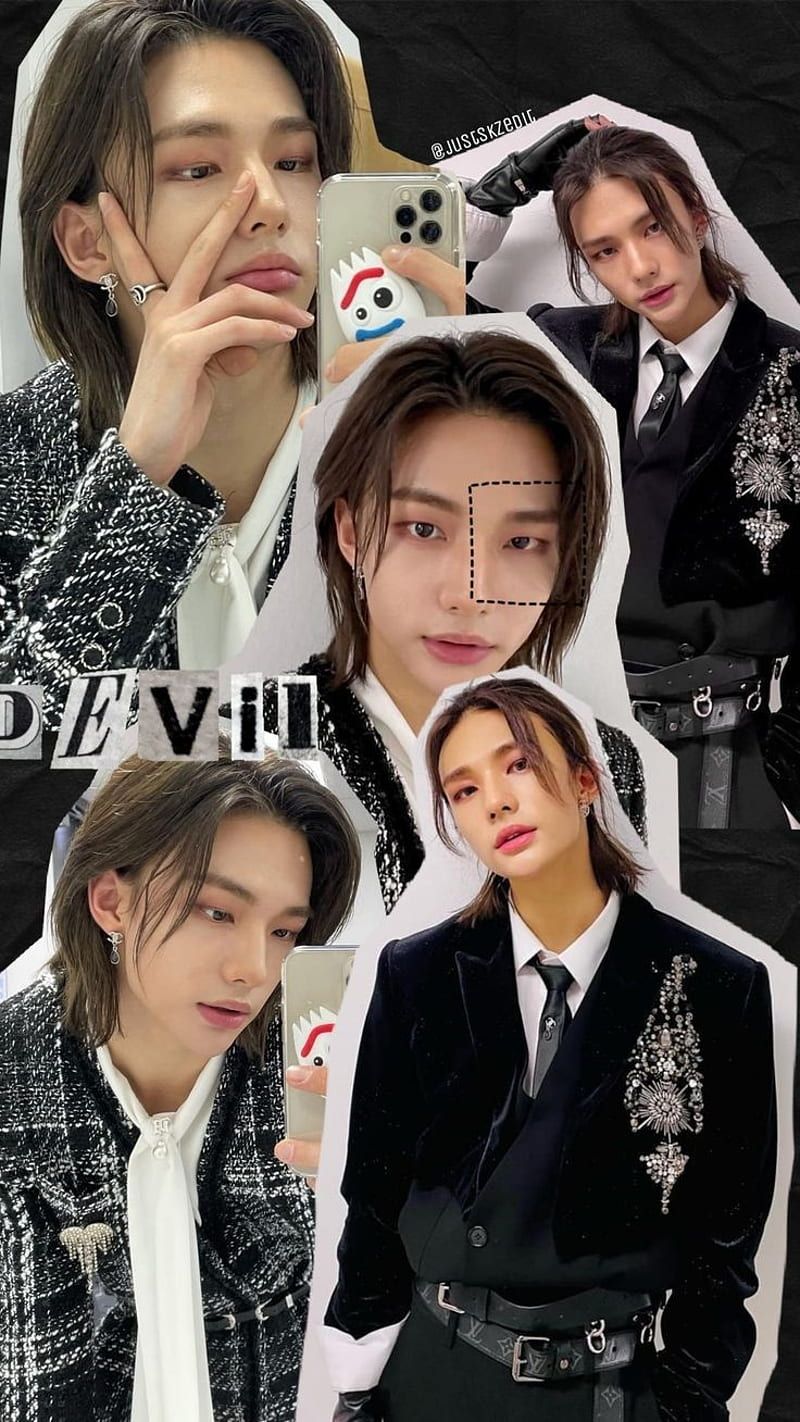 A collage of pictures with the same person in different poses - Korean, hyunjin