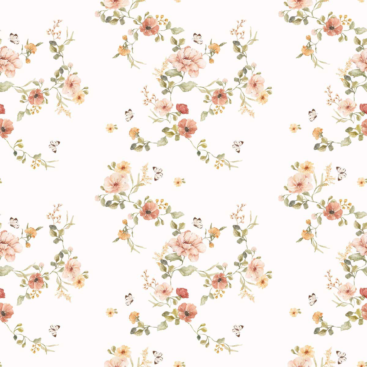 A watercolor floral pattern in pink, peach, and green on a white background - Vintage fall