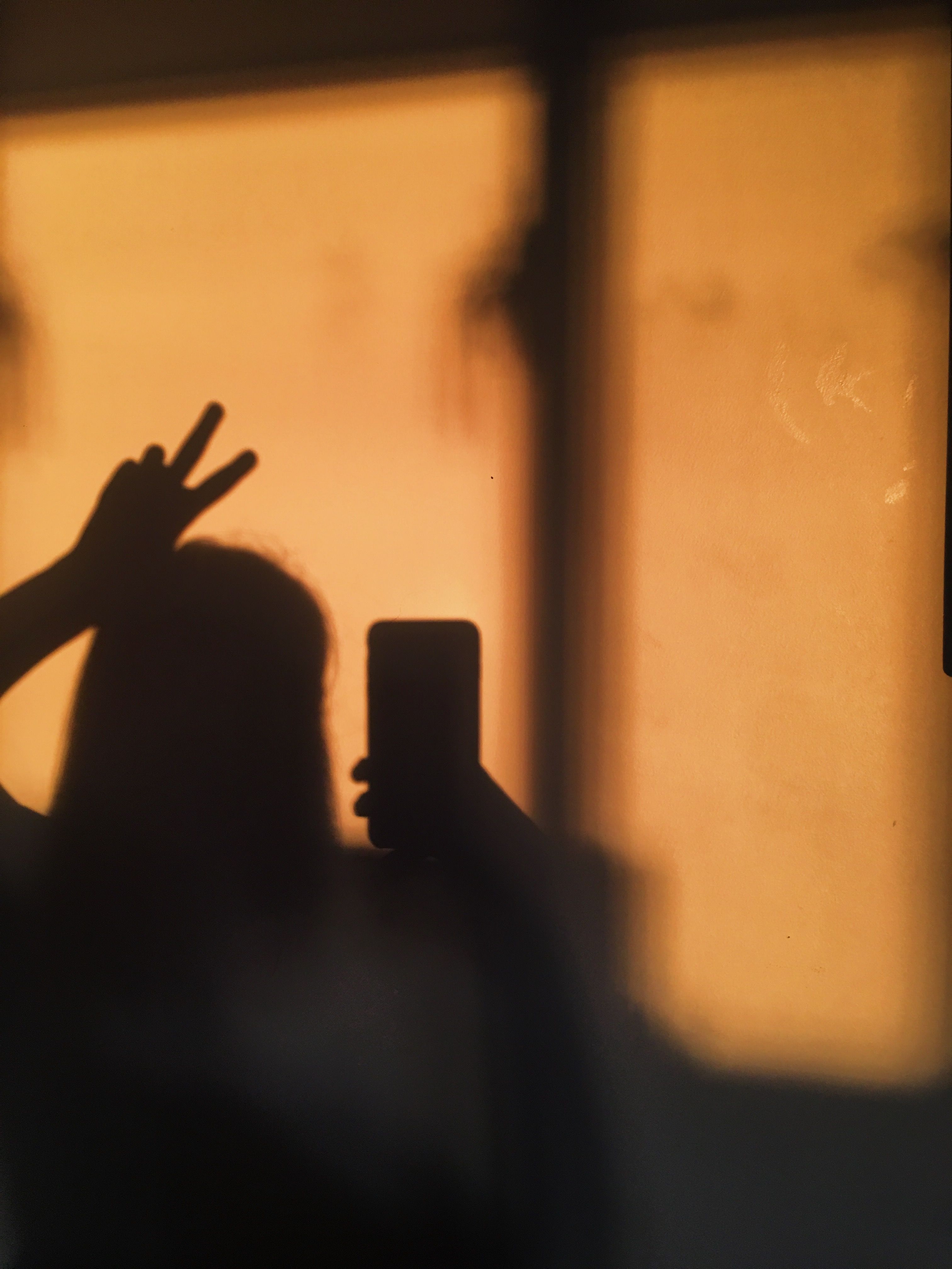 A person holding a phone in front of a window. - Shadow