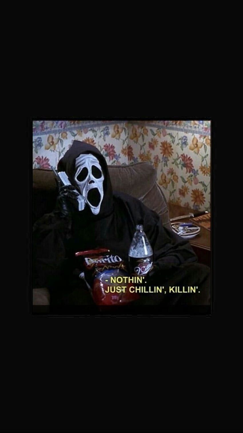 A black background with a picture of Ghostface from the movie Scream sitting on a couch with a caption that says 
