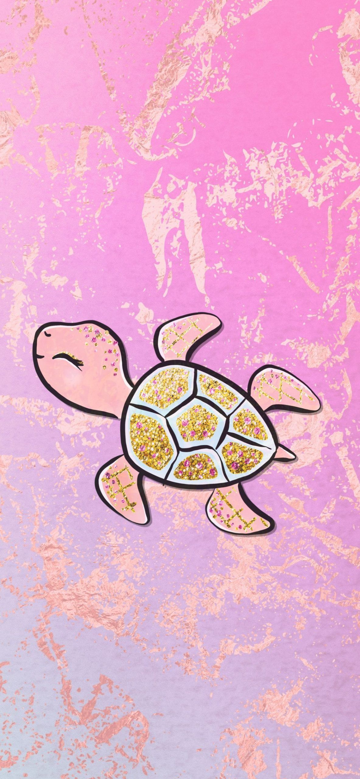A pink and gold sea turtle illustration on a pink and gold background - Sea turtle, turtle
