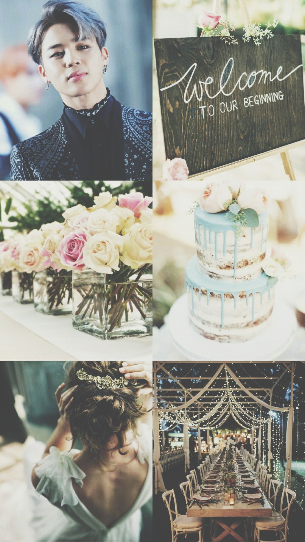 A collage of photos including Jungkook, a wedding cake, flowers, and a dining table. - Wedding