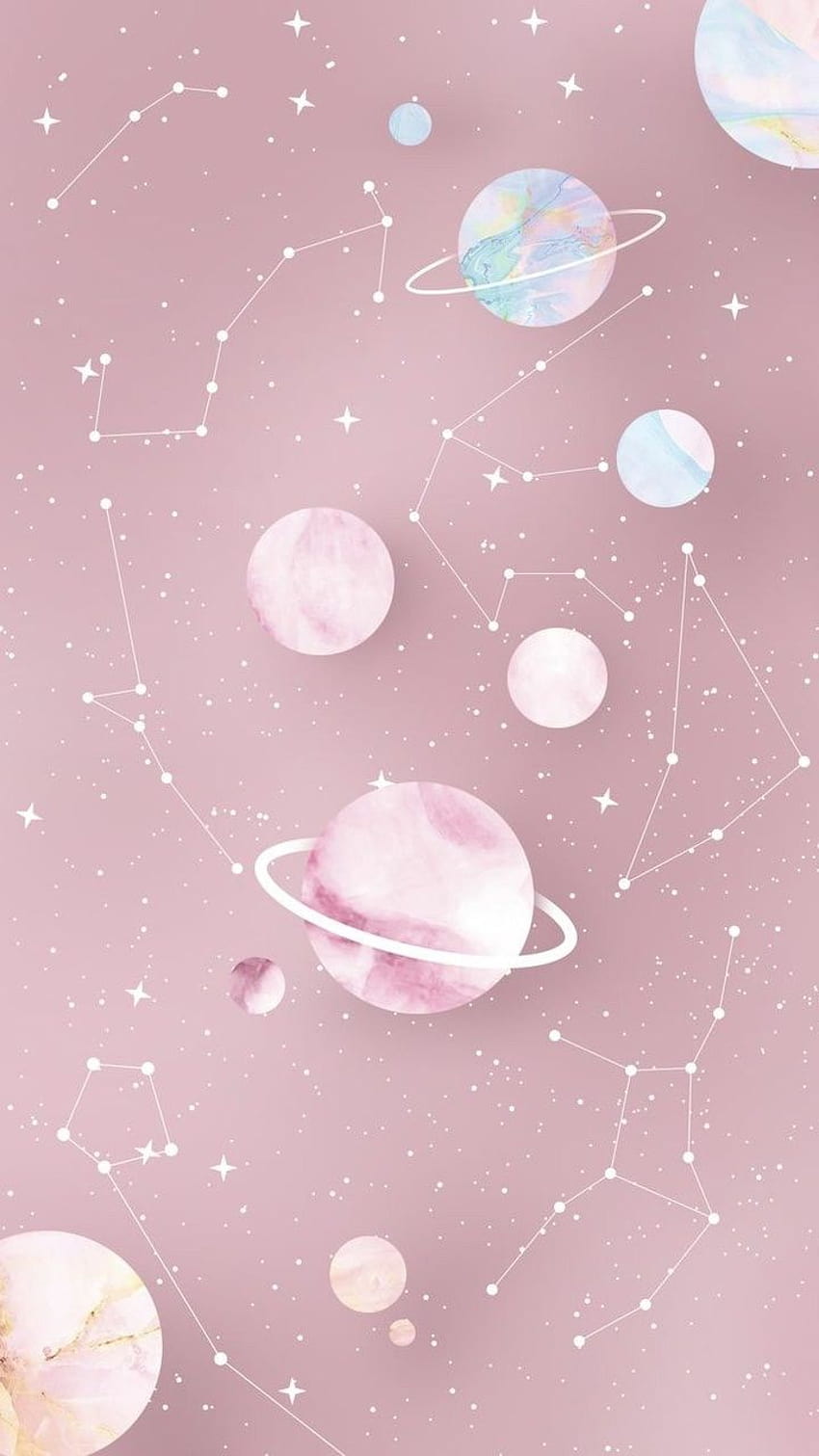 A pink background with planets and stars - Planet, constellation