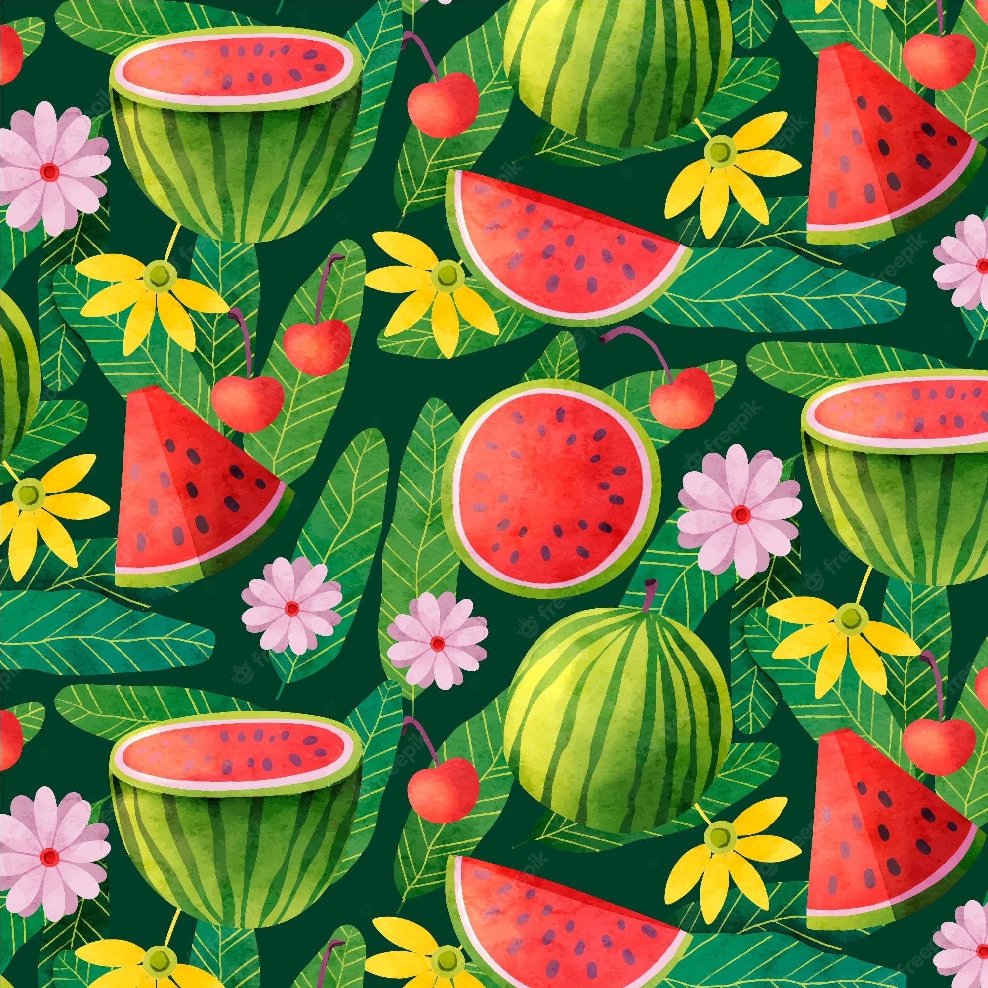 A watercolor illustration of a pattern with watermelons, cherries, and leaves. - Watermelon