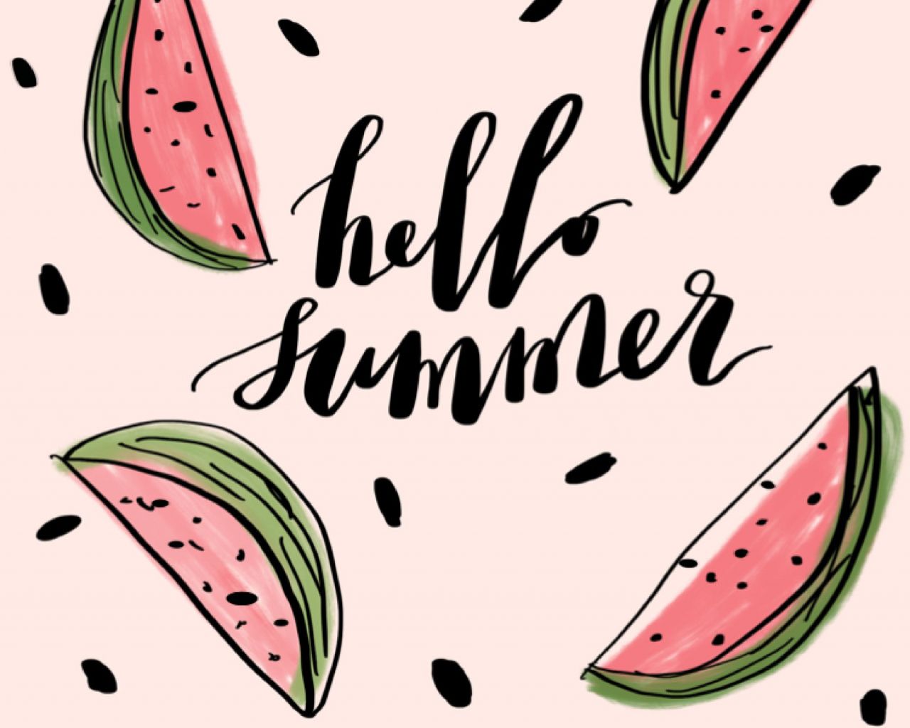 Hello summer, hand lettering with watermelon slices on a pink background - Watermelon