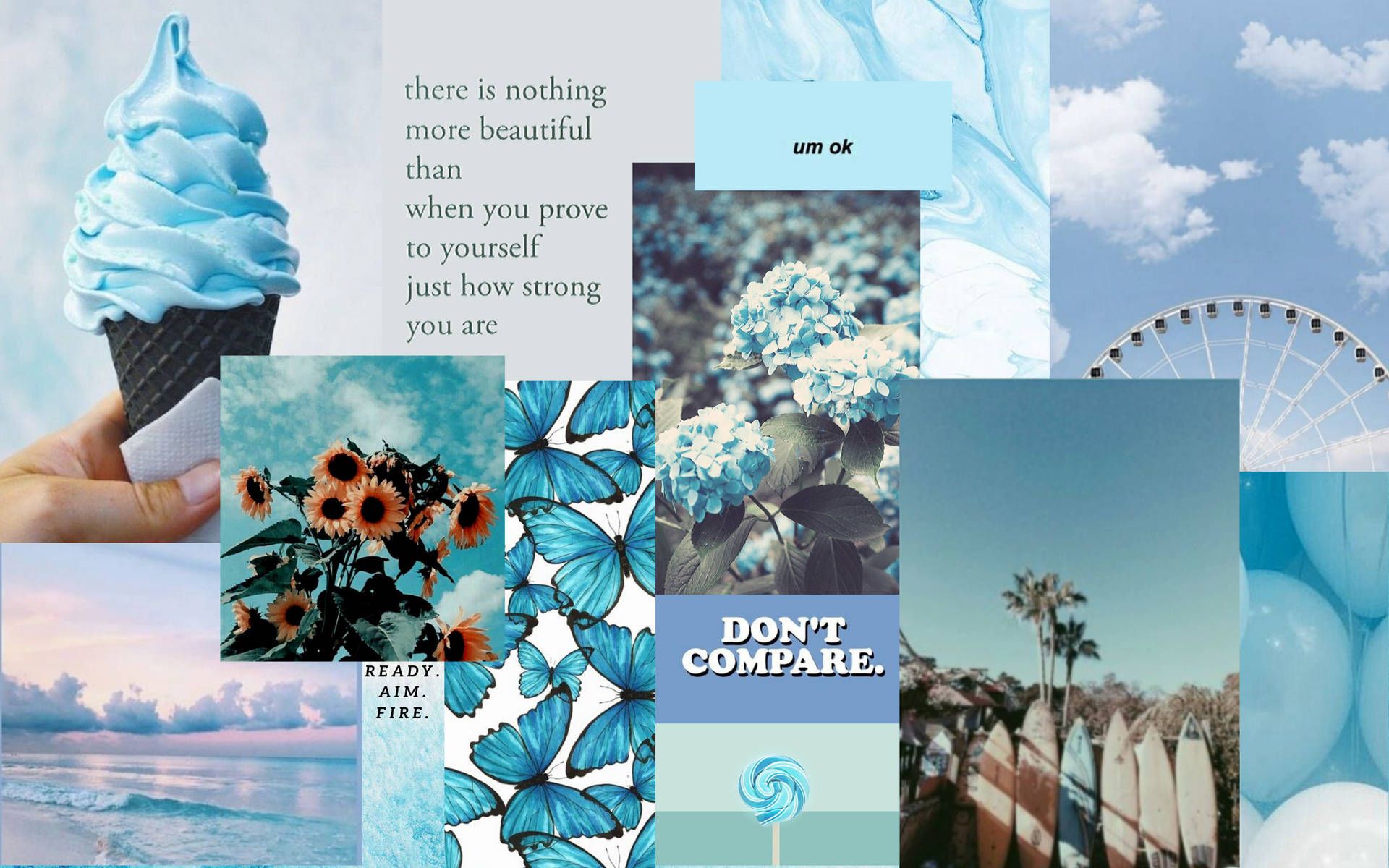 A collage of blue aesthetic pictures such as ice cream, butterflies, and the ocean. - Pastel blue, blue