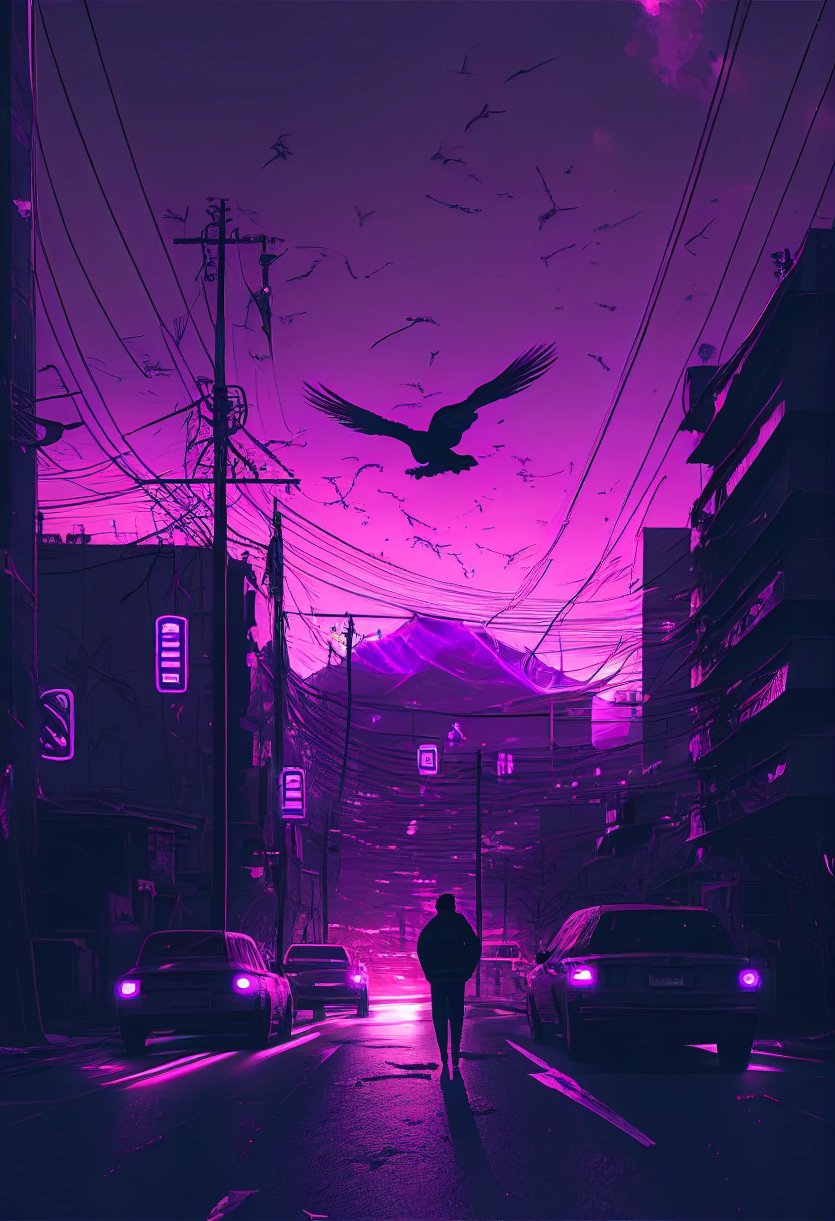 A person walking down a street at night with a purple sky - Light purple
