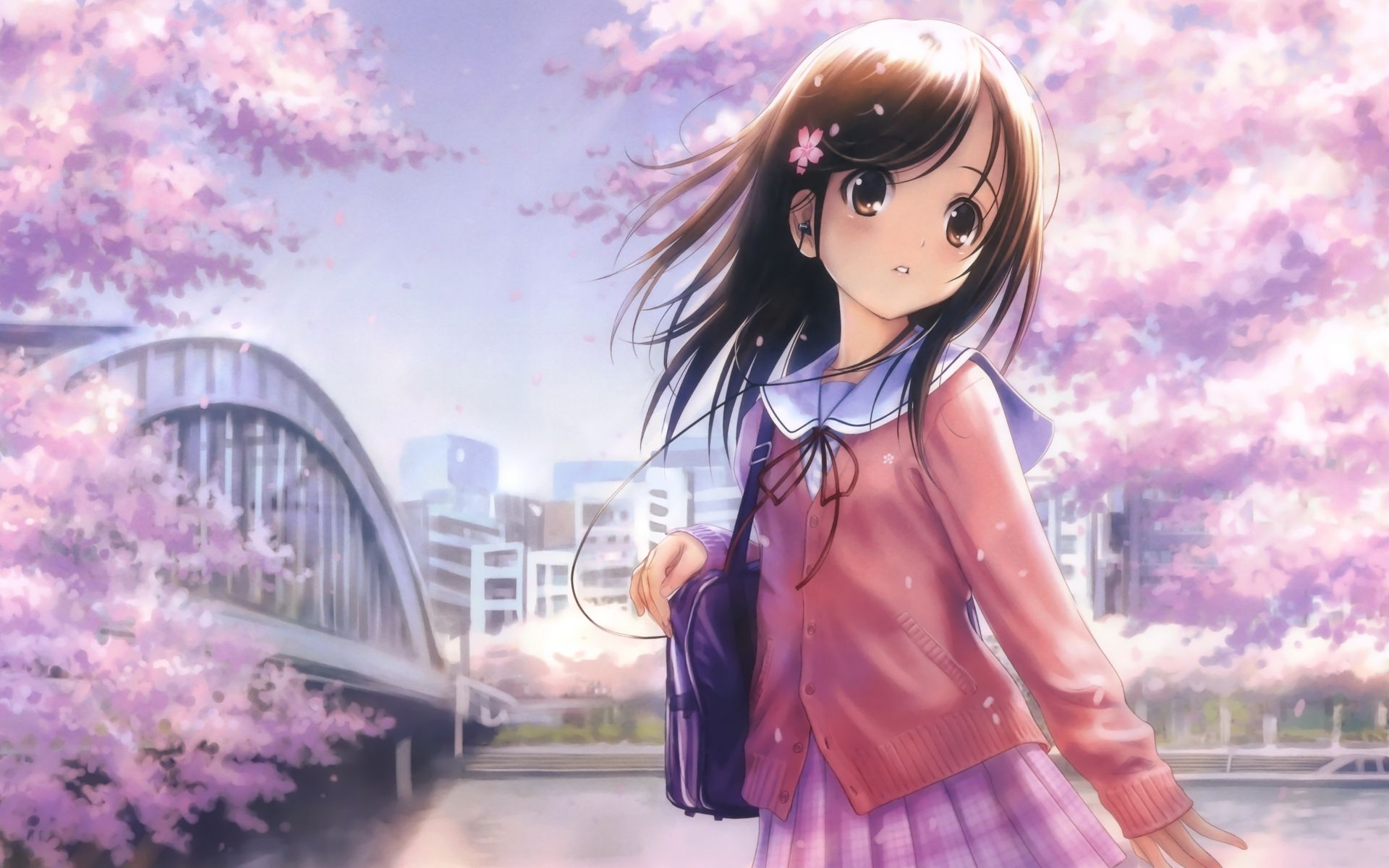 Anime girl with pink hair and purple dress walking by a river - Anime girl, kawaii