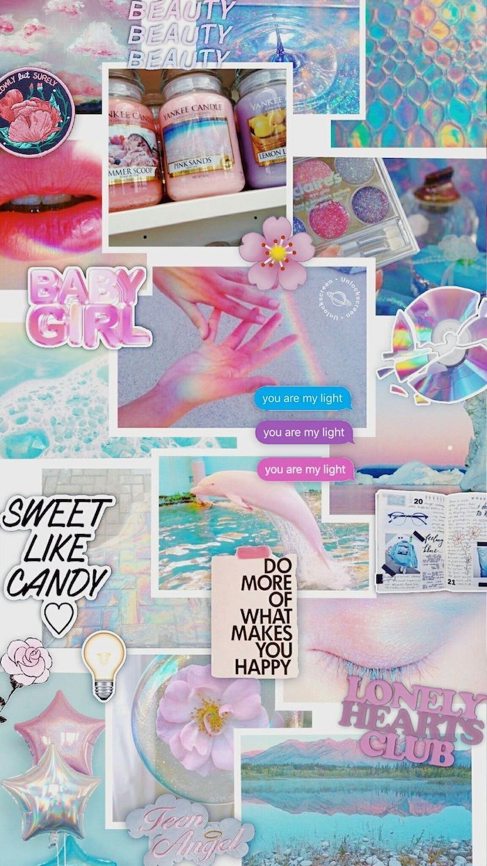 Photo collage of pink and blue aesthetic, with pictures of the sea, pink lips, and words of encouragement, cute backgrounds - Candy