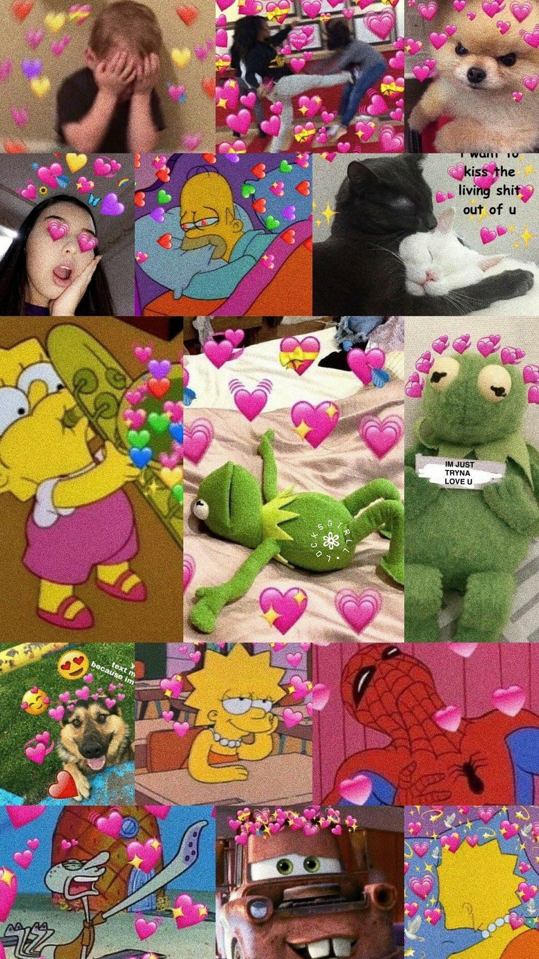 A collage of pictures with hearts and cartoon characters - Lisa Simpson, Kermit the Frog