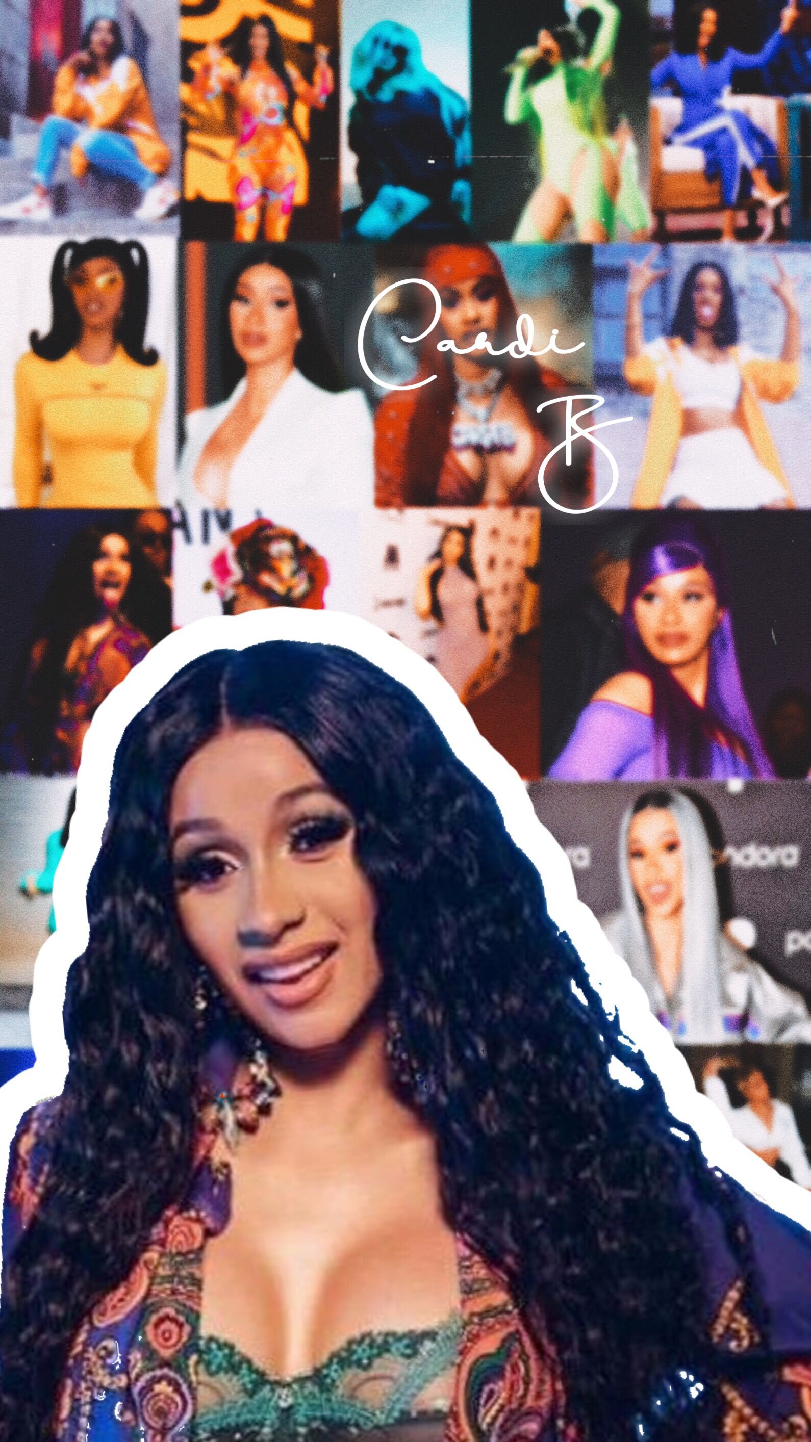 Collage of Cardi B's various looks and outfits, with a focus on her natural hair and colorful ensembles. Her name is written in white cursive above the collage. - Cardi B