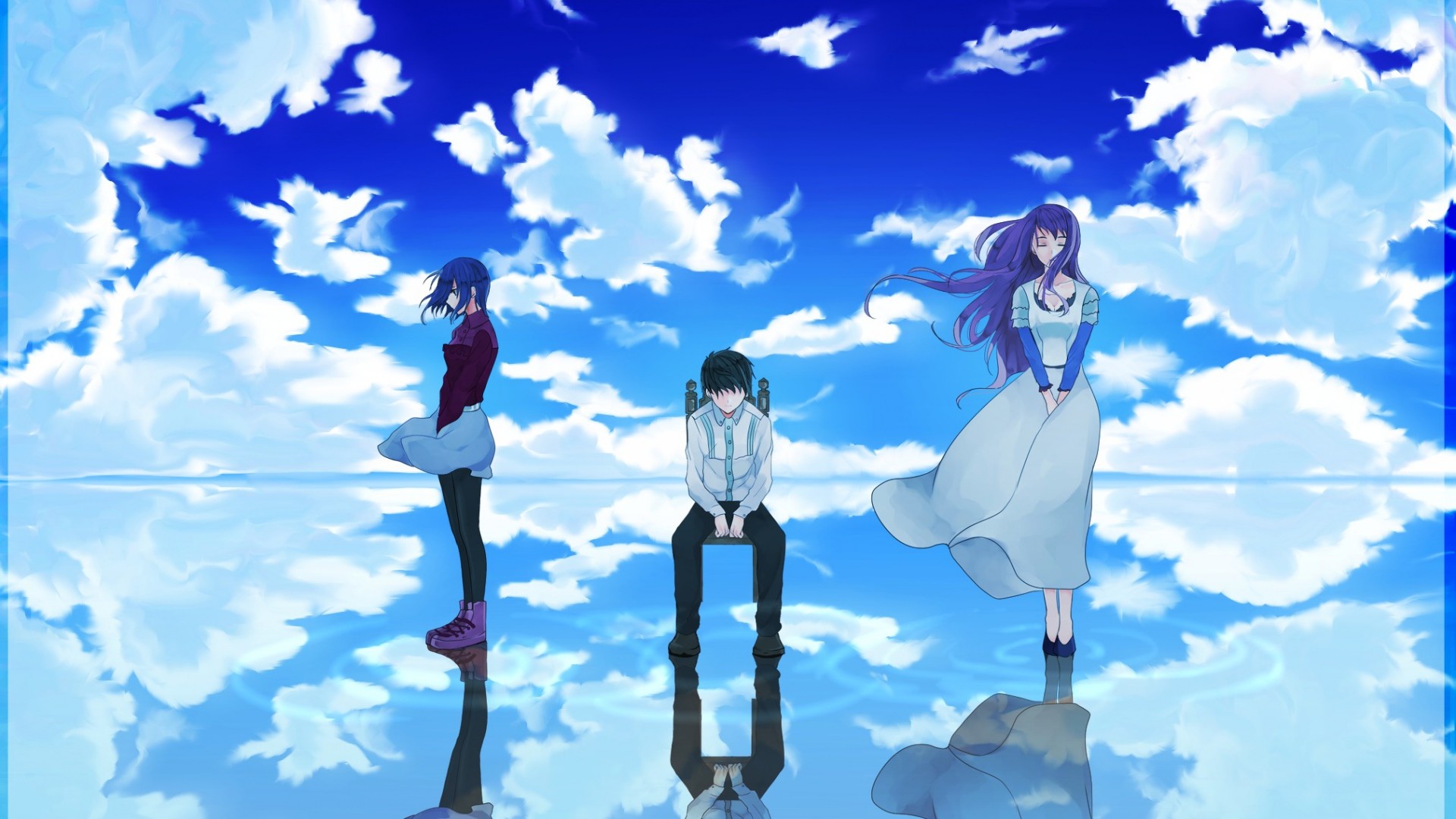 Anime characters standing on a mirrored surface with a blue sky and clouds in the background - Tokyo Ghoul