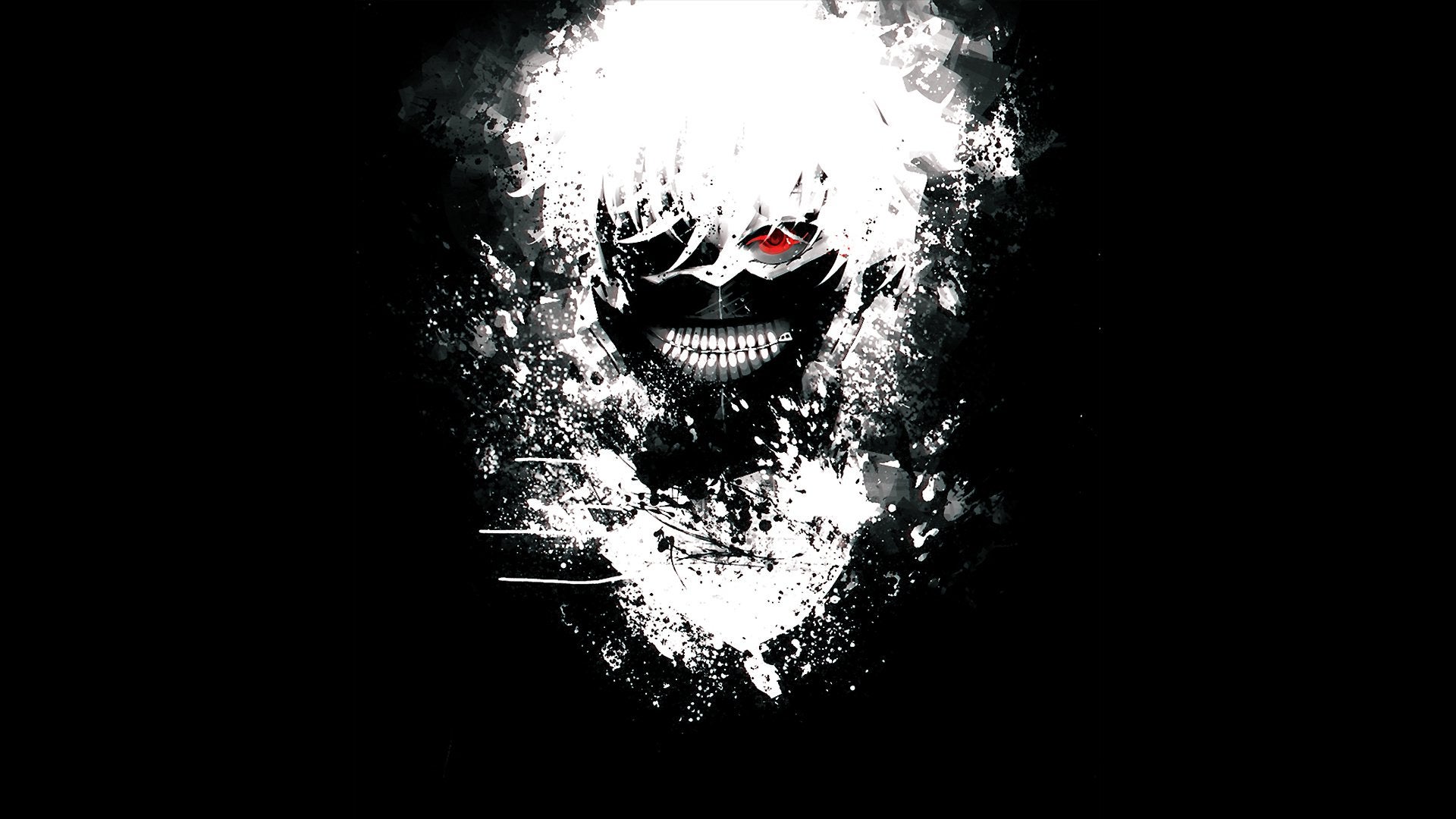 An image of a black and white picture with red eyes - Tokyo Ghoul