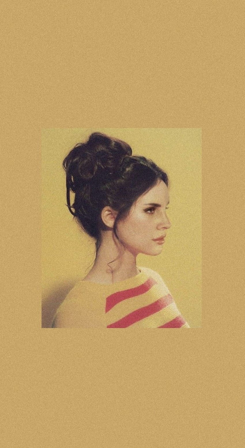 IPhone wallpaper of a woman with dark hair in a bun and wearing a red and white striped shirt - Lana Del Rey