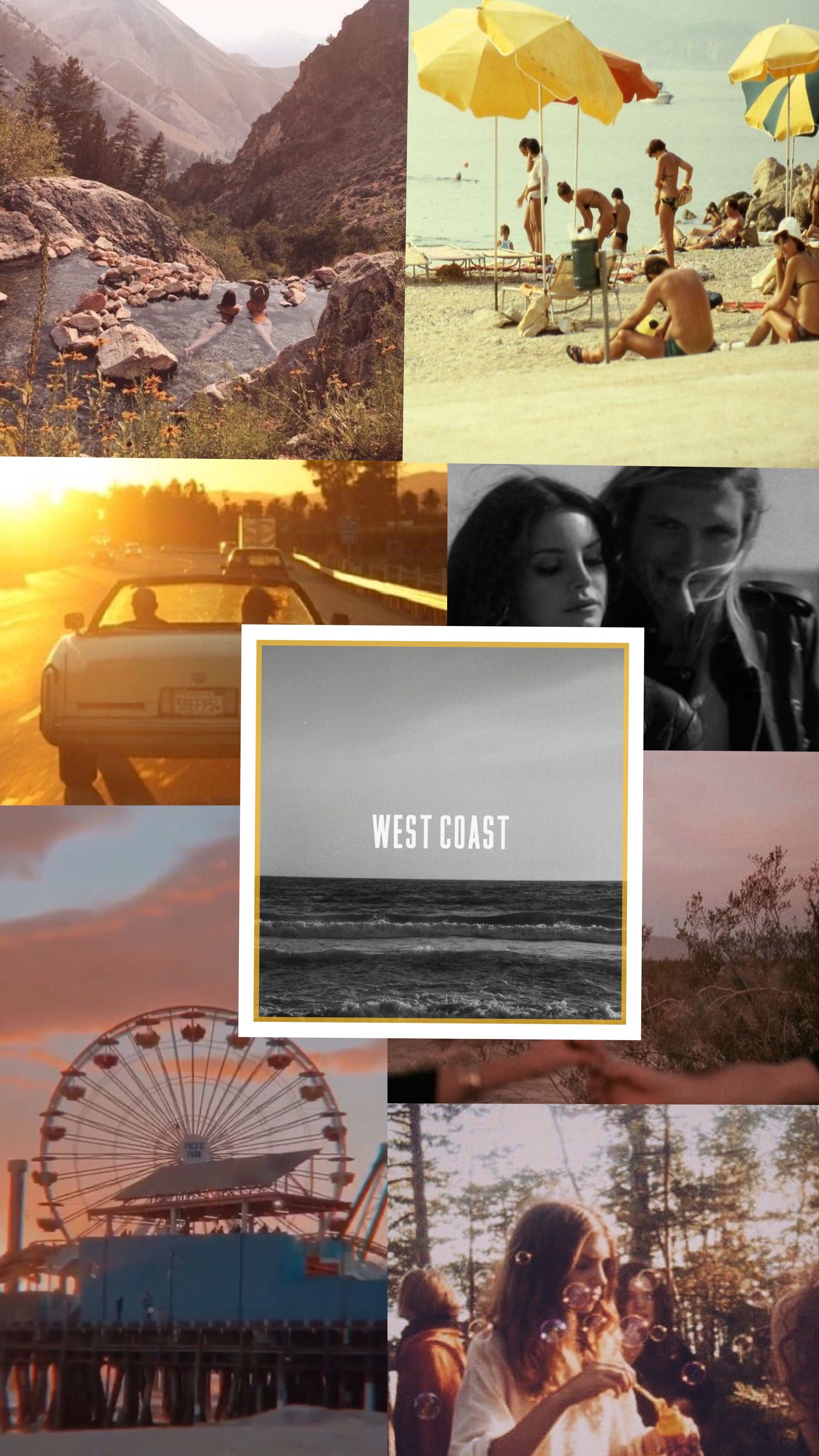 West Coast Collage with a ferris wheel, beach, mountains, and people - Lana Del Rey