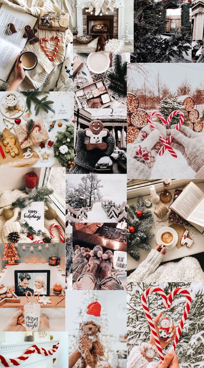 White Winter Collage Wallpaper Ideas : Red Candy Cane White Christmas Collage Wallpaper