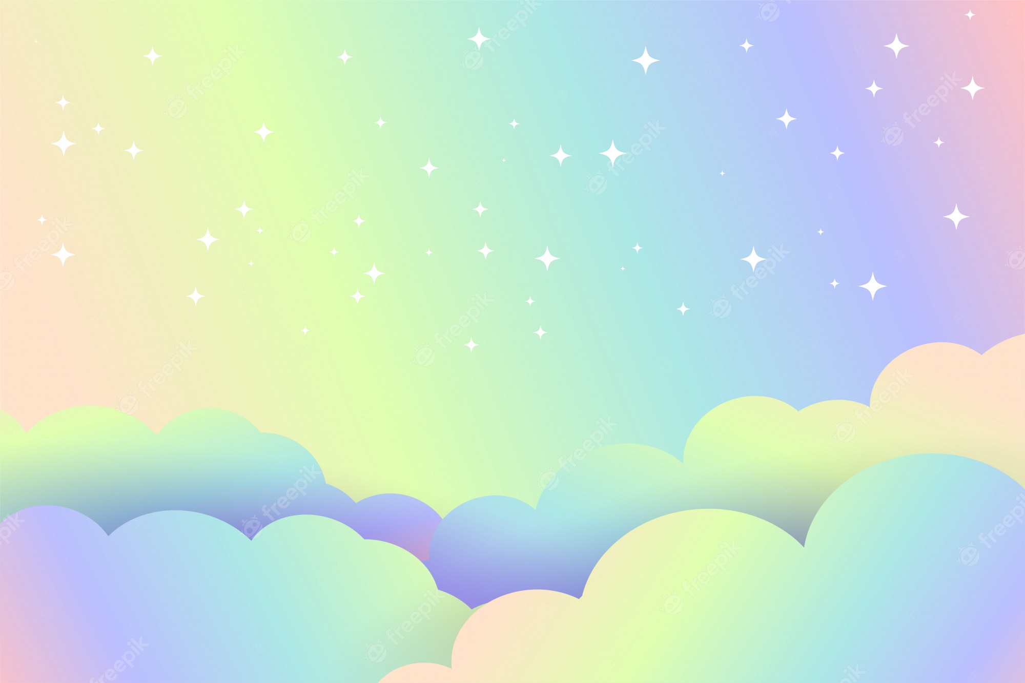 A sky with clouds and stars in the background - Pastel rainbow