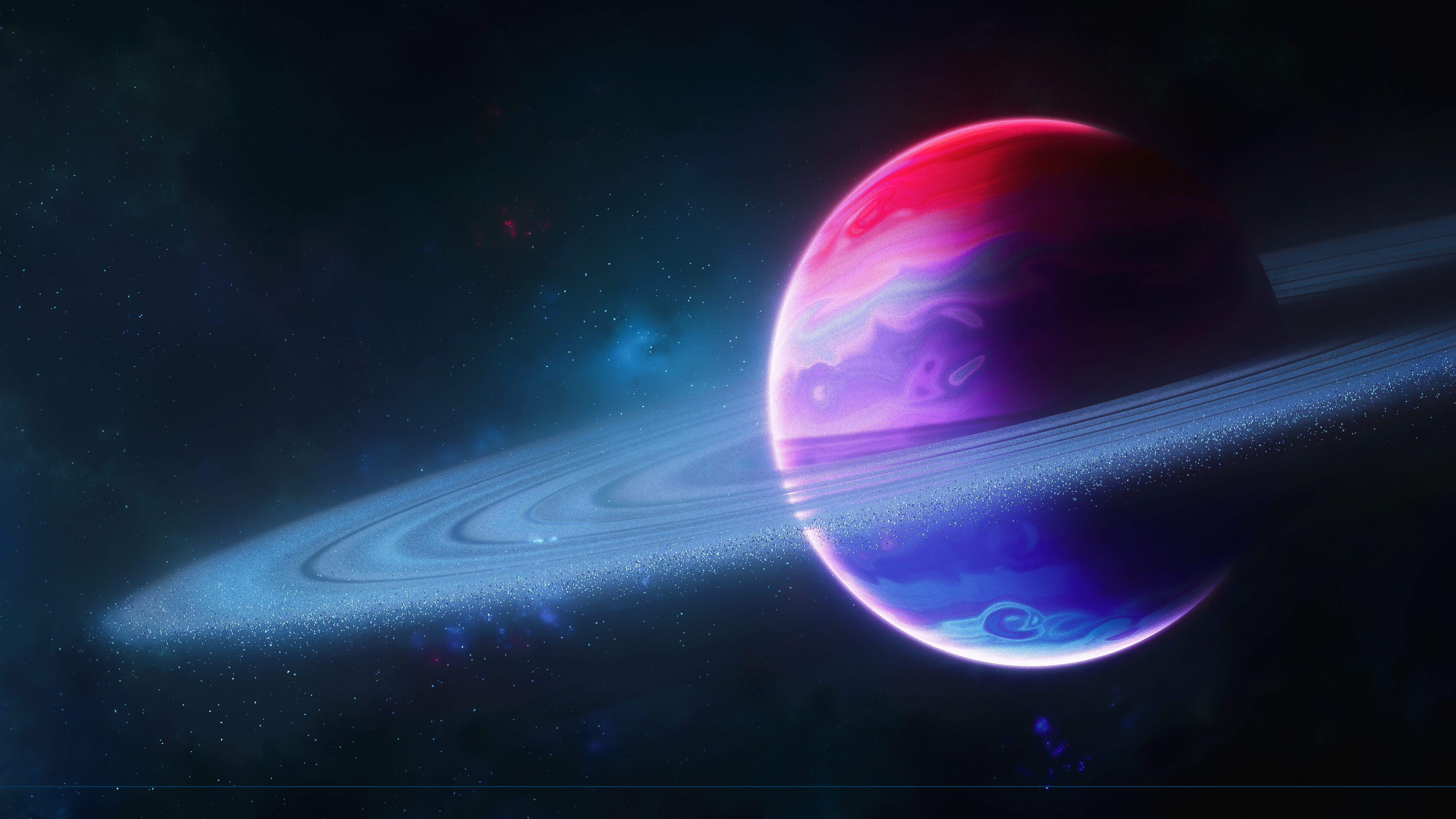 An image of a planet with a red and blue atmosphere - Saturn