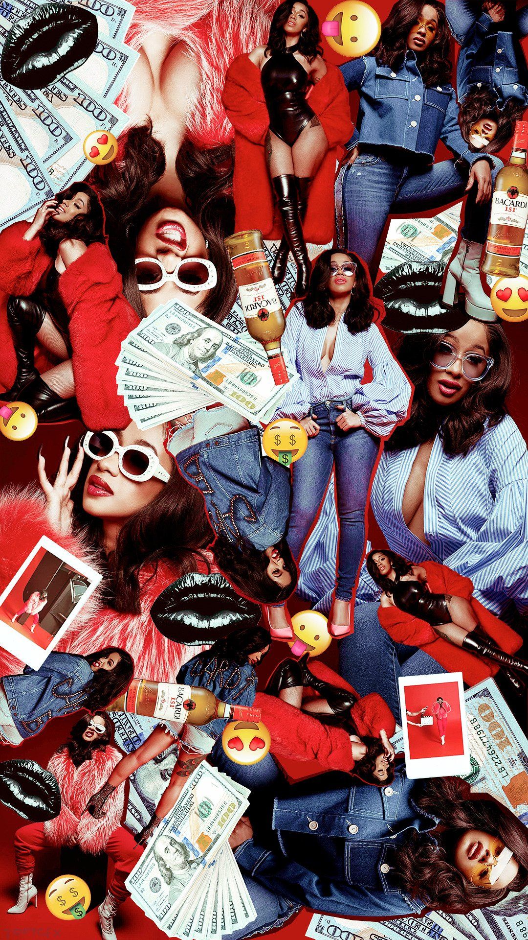 A collage of black women with money, fashion, and denim - Cardi B