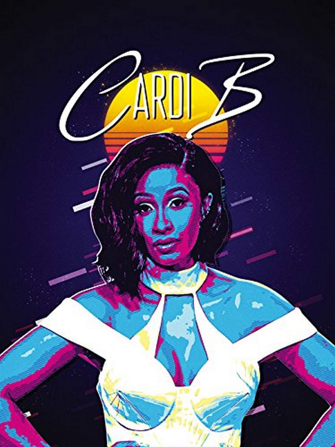 Cardi B in a white top with a blue and pink background - Cardi B