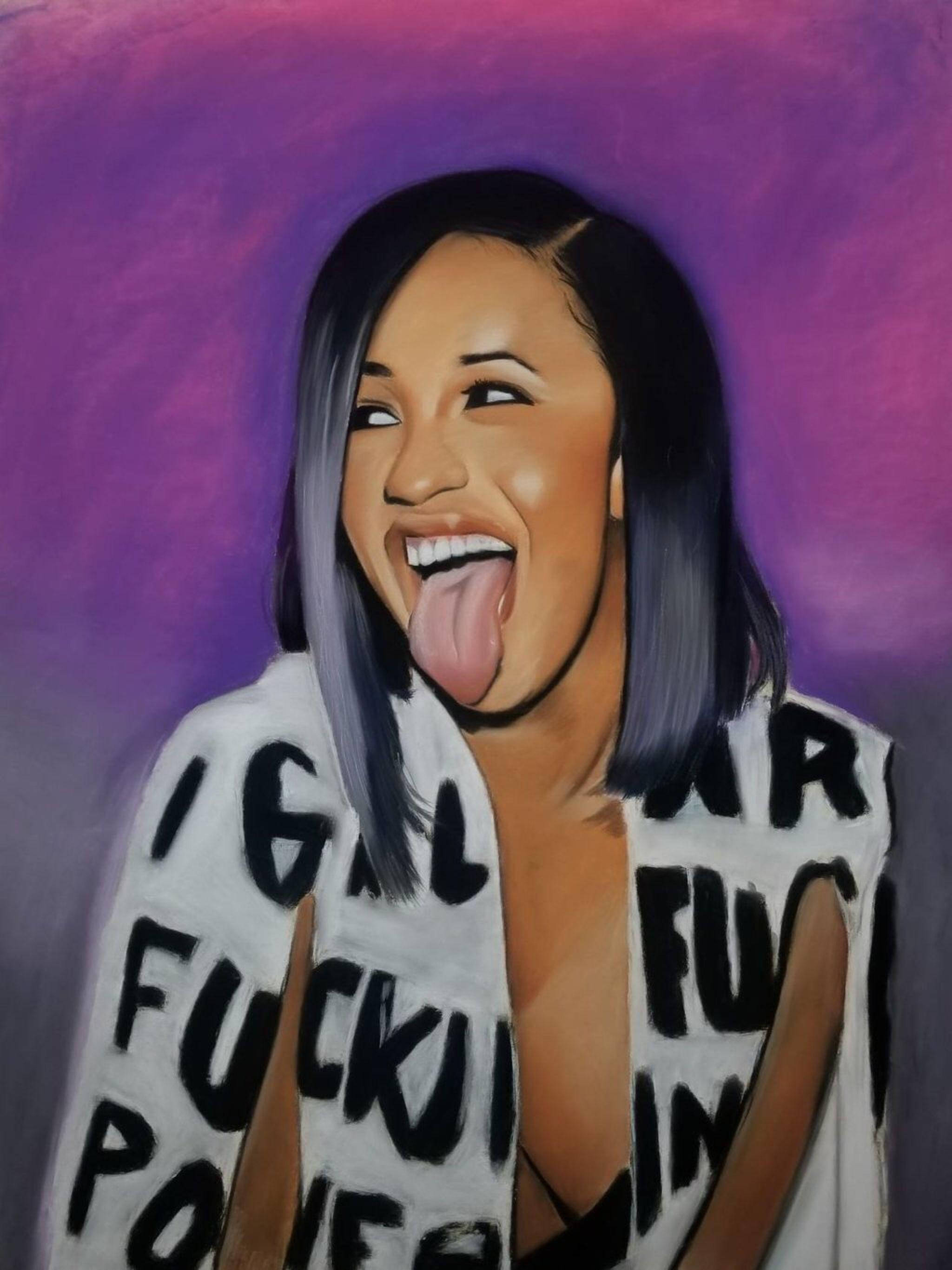 A painting of a woman with a purple background. She is wearing a white shirt with black writing on it. She is holding her shirt open to expose her chest. She has a black and white mullet with black hair on top and white on the bottom. She is sticking out her tongue and laughing. - Cardi B