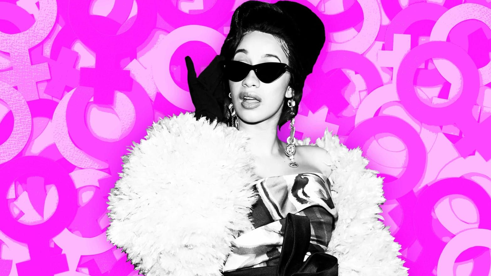 A woman in sunglasses and fur coat on pink background - Cardi B