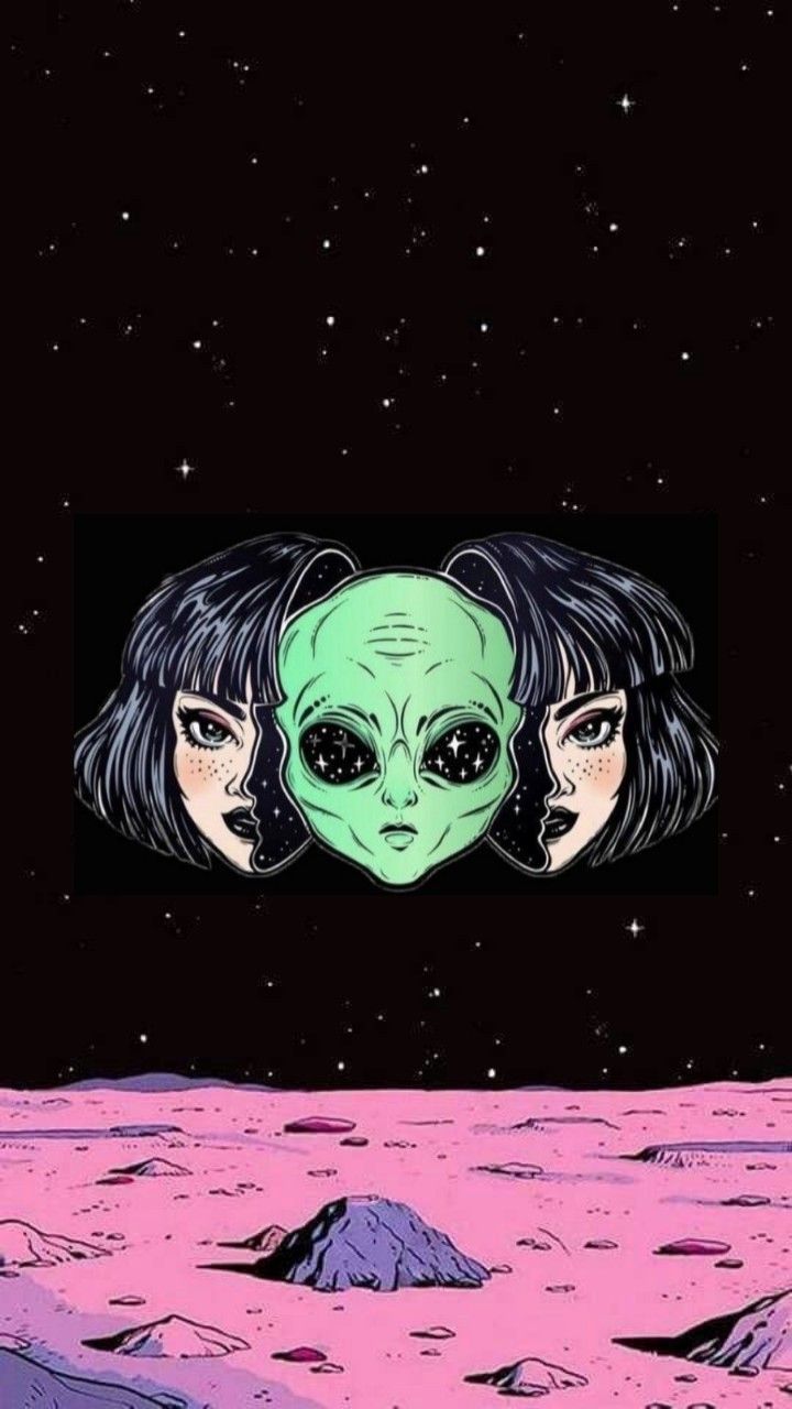 A poster of two aliens and some girls - Trippy, psychedelic