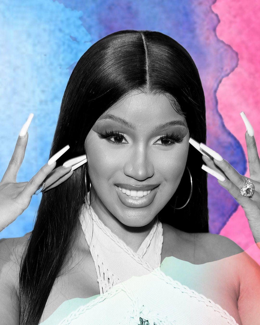 A woman with long nails and makeup - Cardi B