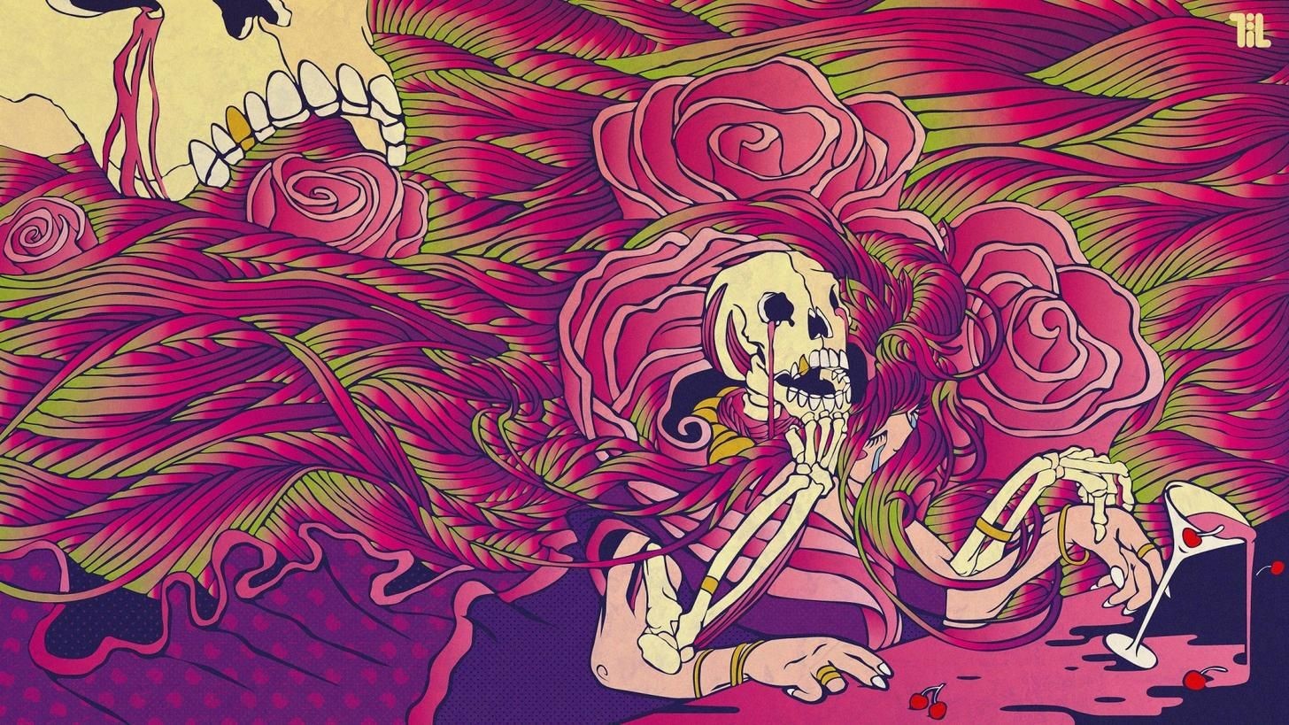 skull, surreal, artwork, trippy, drugs, LSD, skeleton, bones Gallery HD Wallpaper