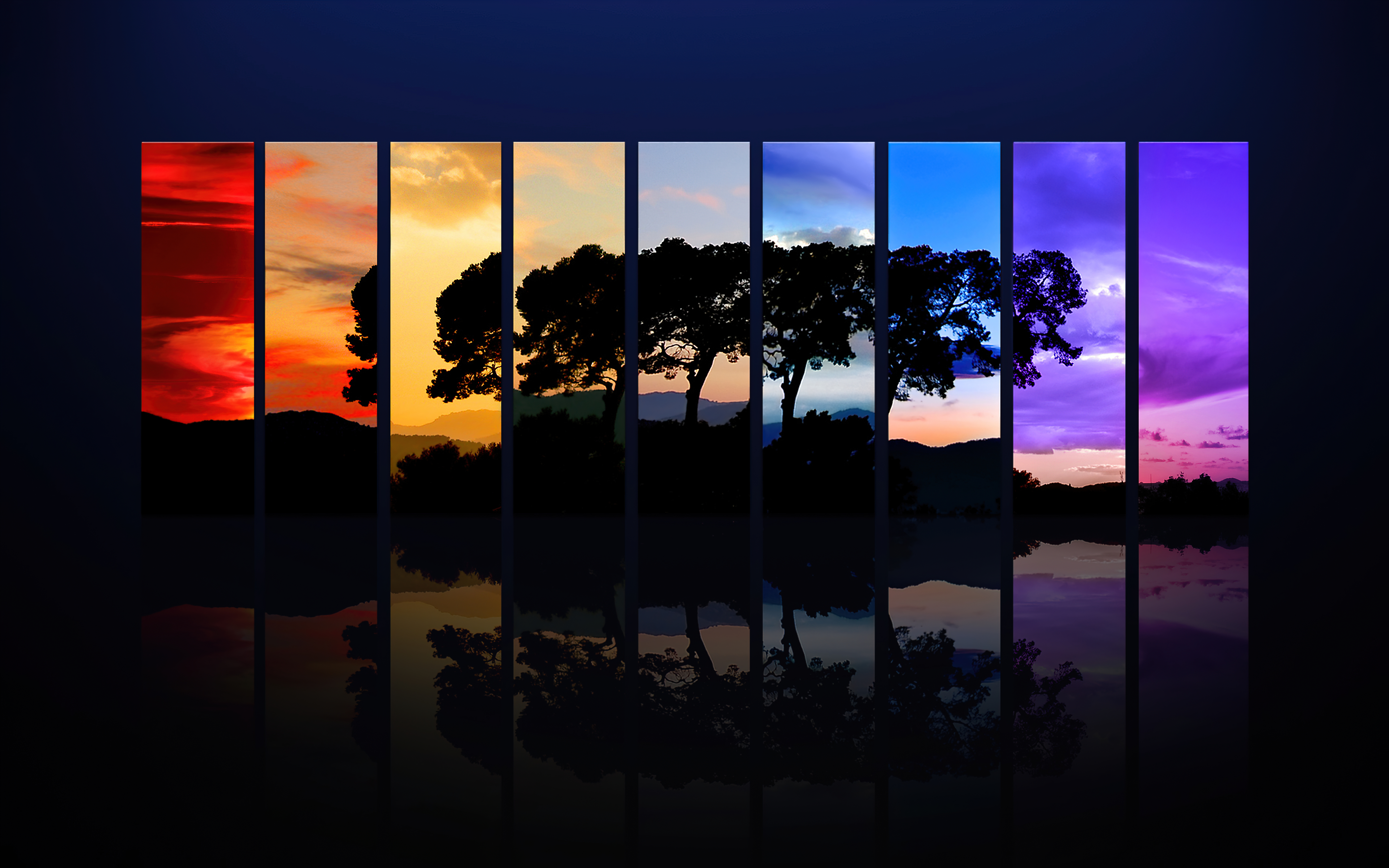A landscape image is divided into 12 equal sections, each a different color. - Sunrise