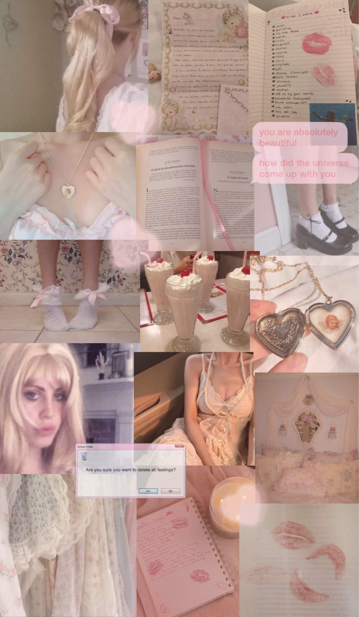 Aesthetic background with pink and white images of books, a doll, a notebook, a candle, a heart, and a girl with pink hair - Coquette