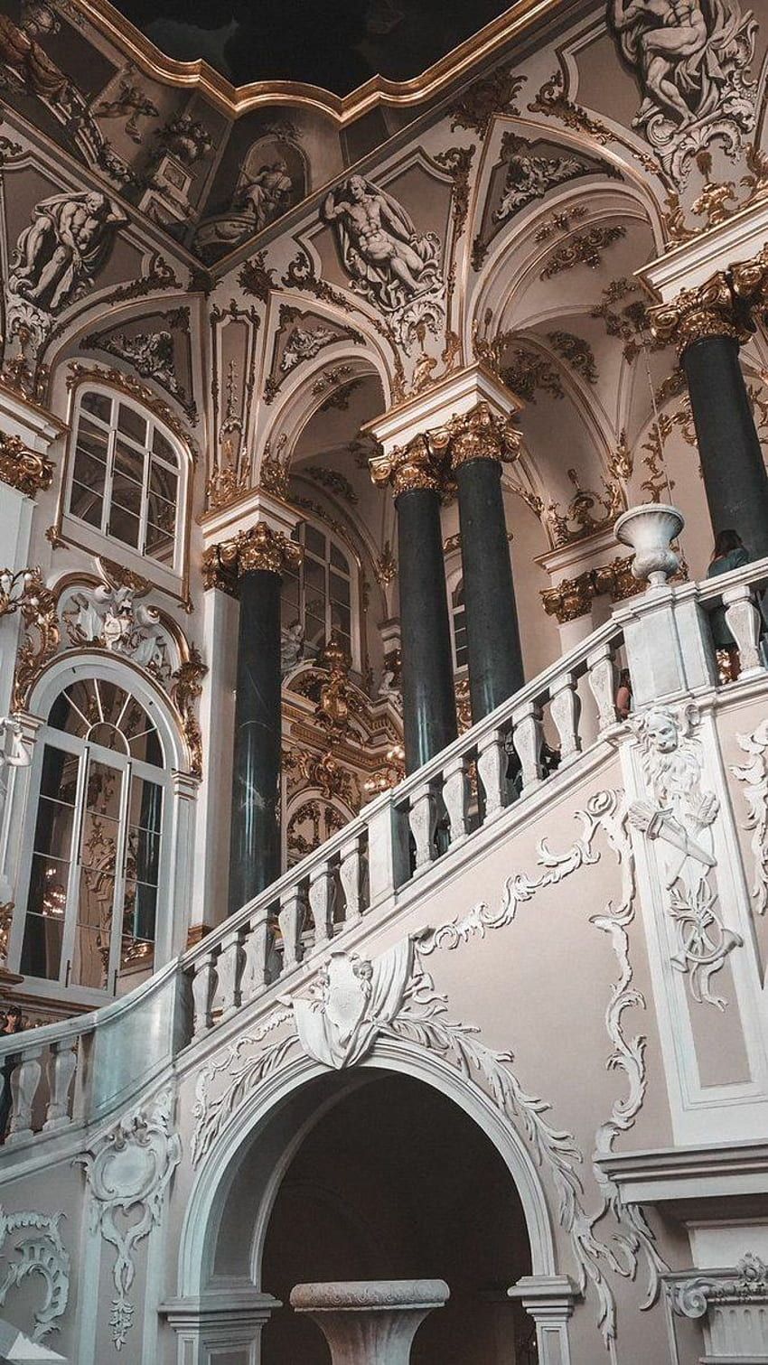 A white staircase with gold details and black columns. - Architecture, royalcore