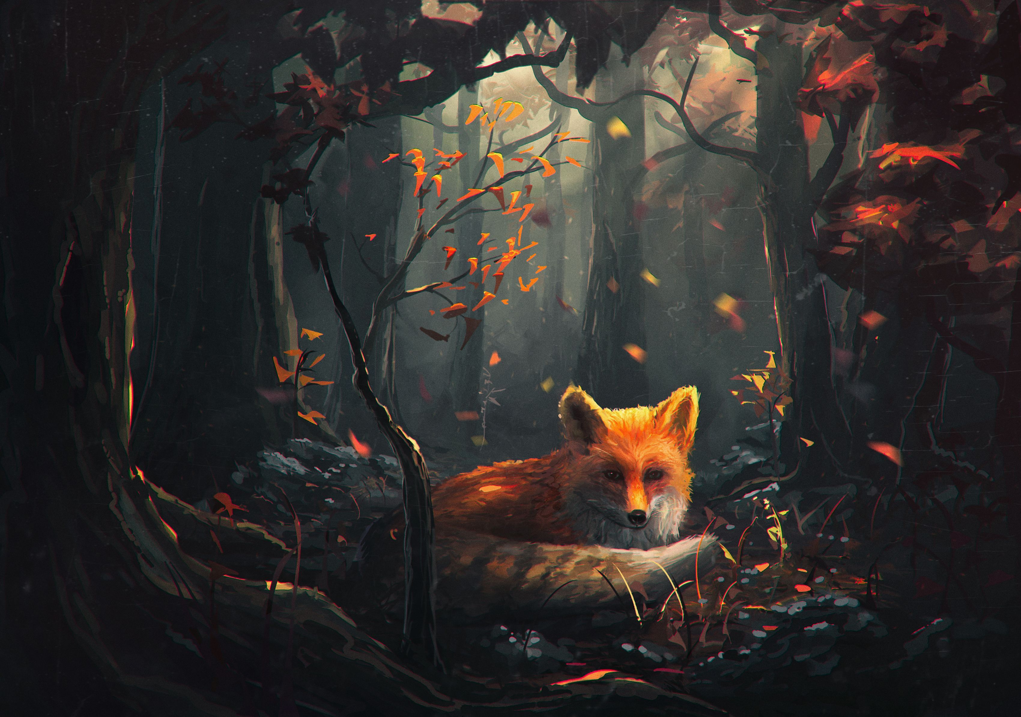 A fox sitting in the woods with leaves - Fox