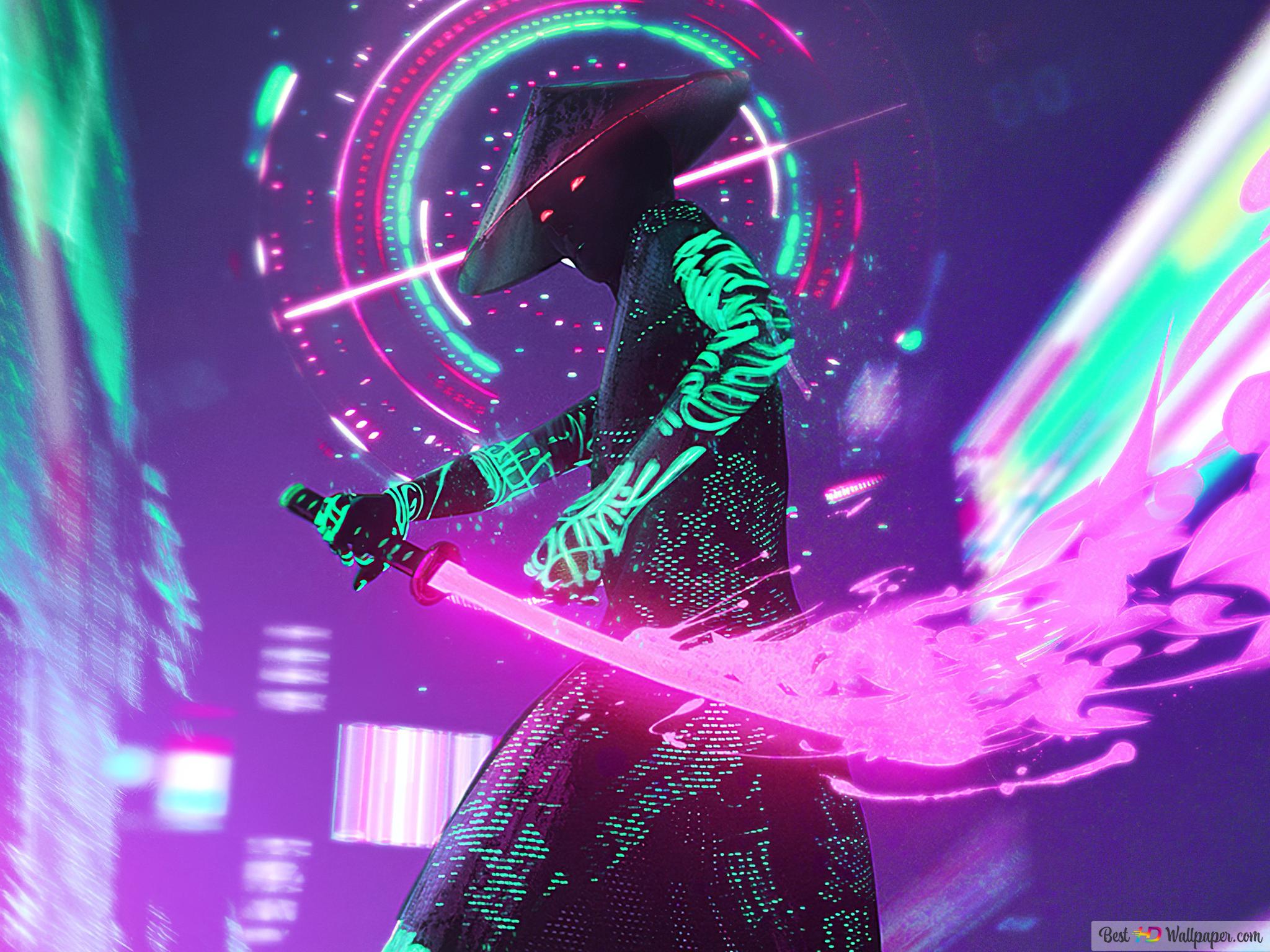 Cyberpunk, Neon Ninja with purple fire sword 4K wallpaper download