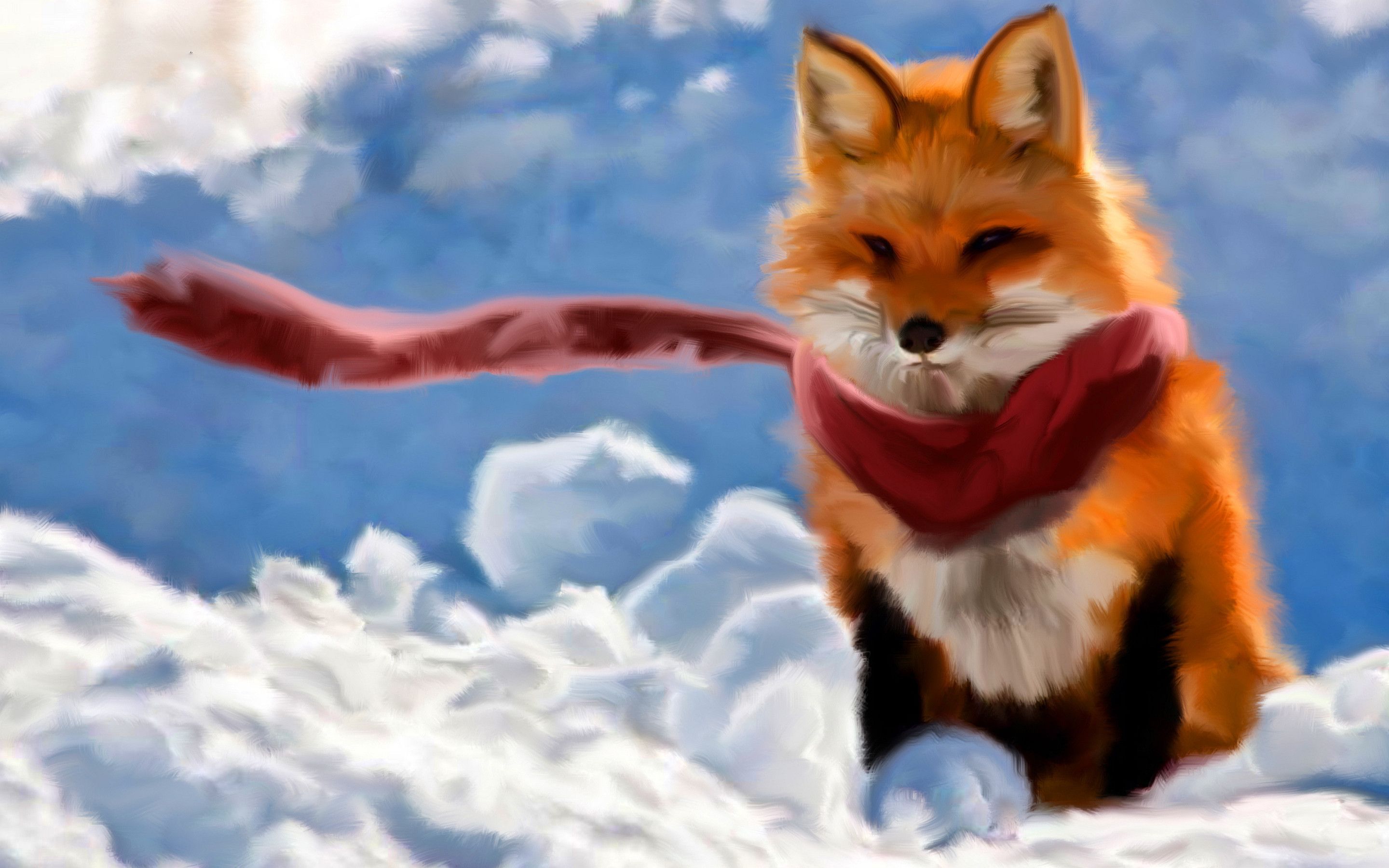 A digital painting of a fox wearing a red scarf, sitting in the snow. - Fox