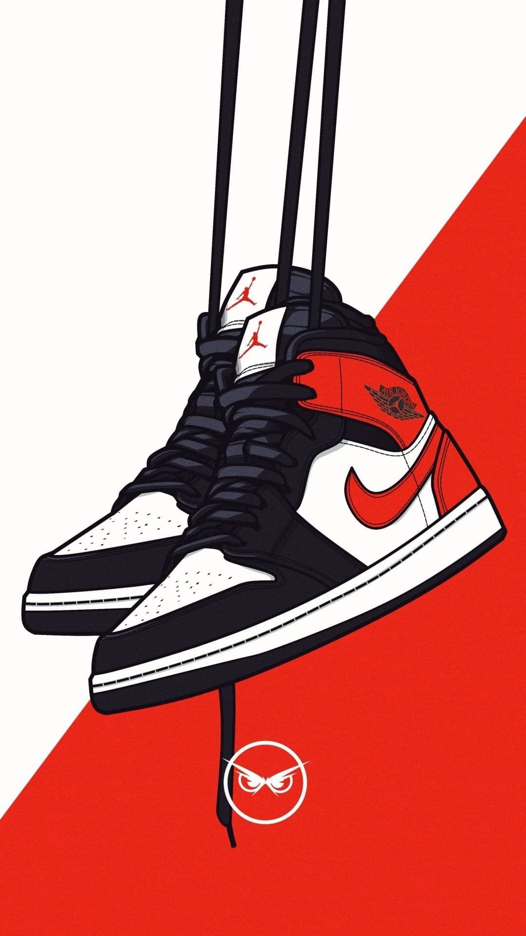 IPhone wallpaper of a pair of black and white Nike Air Jordan 1 shoes hanging by their shoelaces on a red background - Shoes