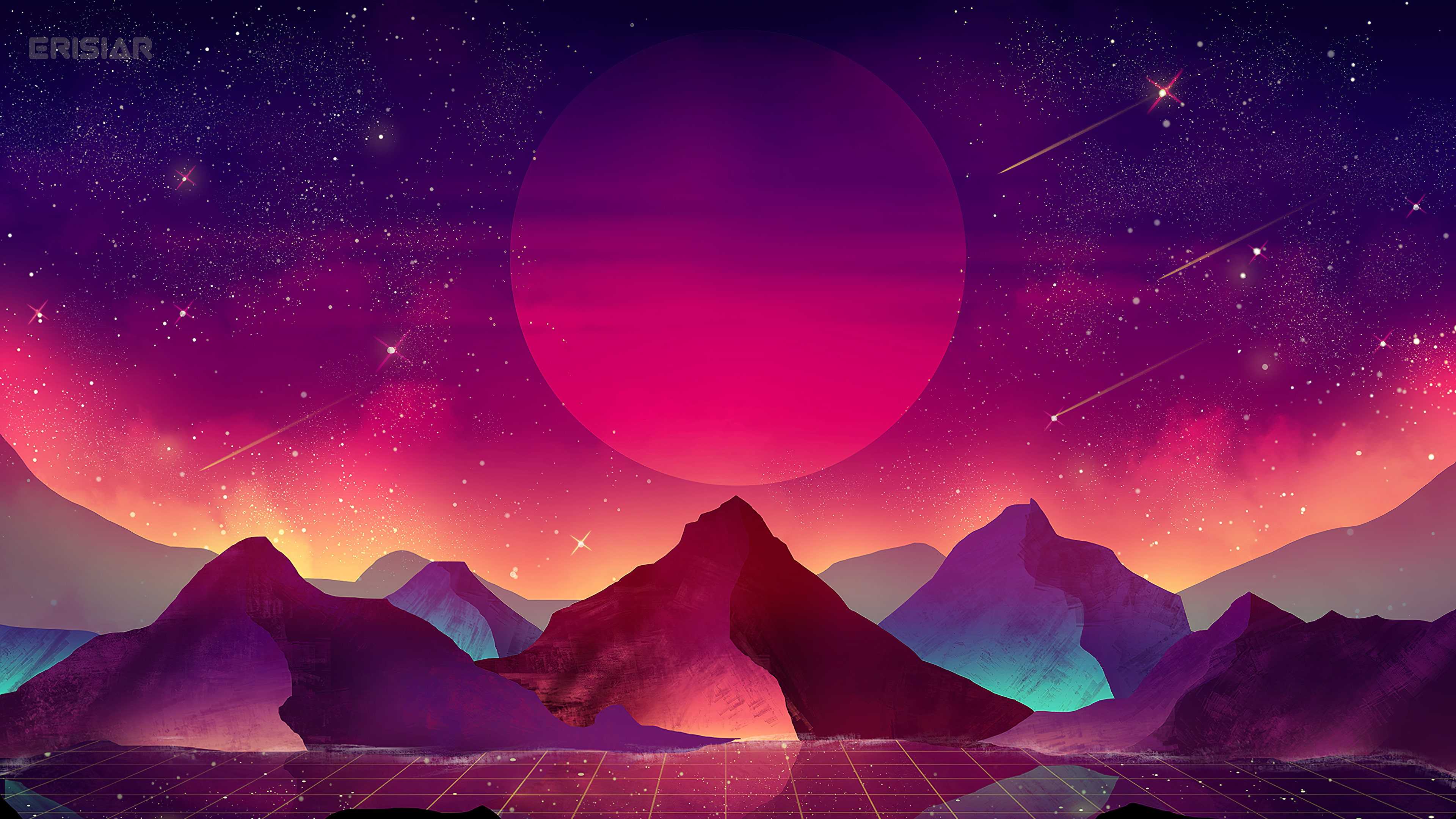 A computer generated image of mountains and stars - Vaporwave