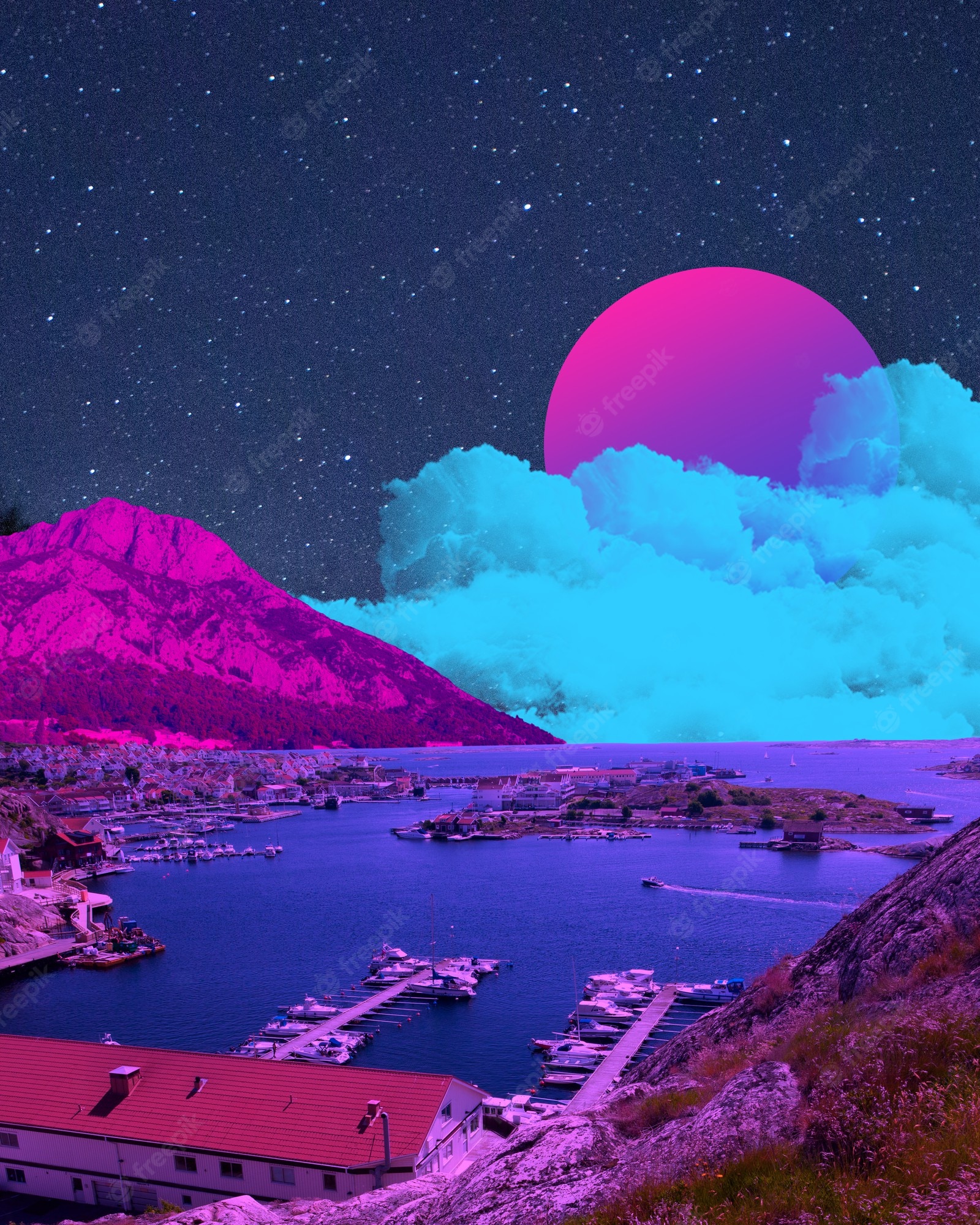 A pink and purple sky over the water - Vaporwave