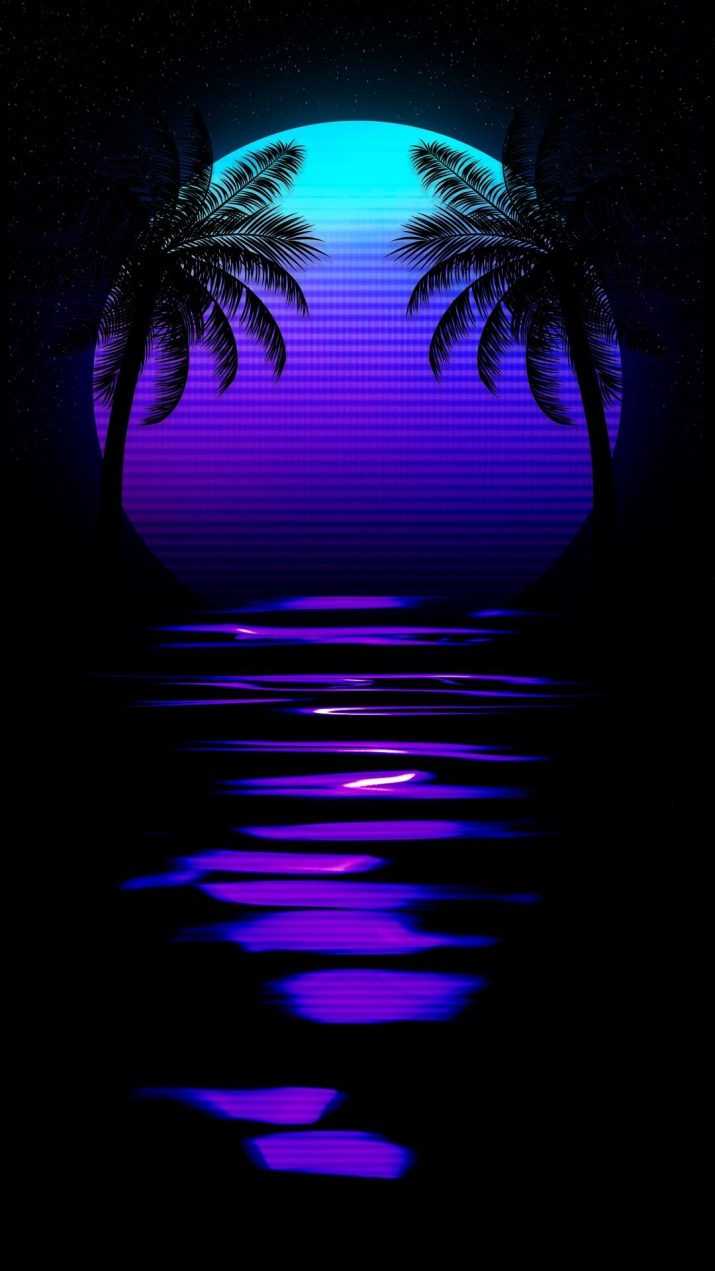 Palm trees, moon, neon colors, aesthetic background, phone wallpaper - Vaporwave