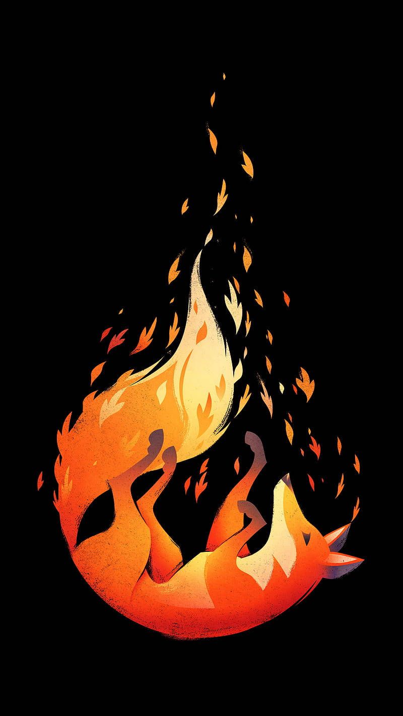 A fox is on fire in this black and orange artwork - Fox